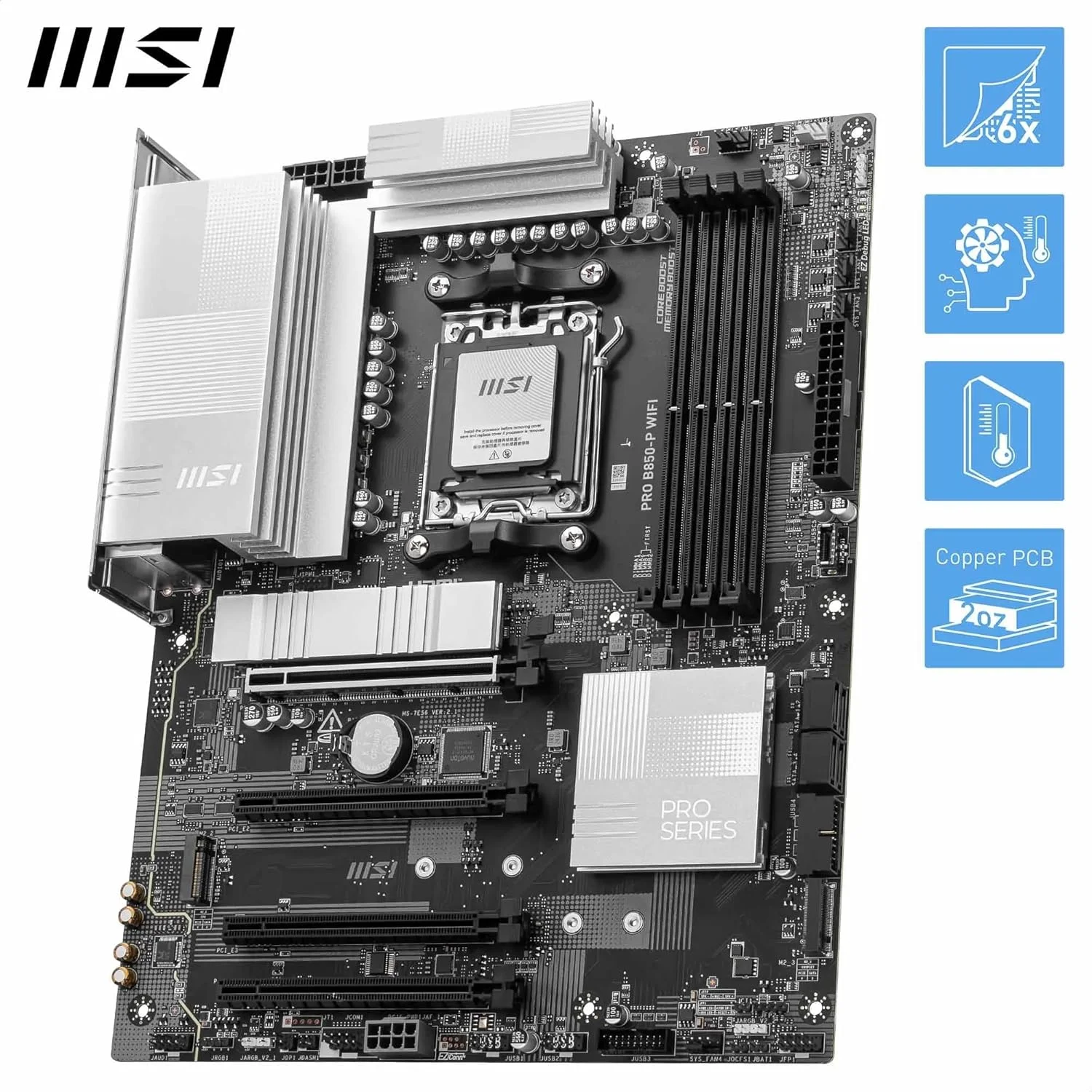 مادربرد MSI Pro B850-P WiFi، ATX - پشتیبانی از پردازندههای AMD Ryzen 9000/8000/7000، سوکت AM5 - تقویت حافظه DDR5 (بیش از 8200 MT/s OC)، PCIe 5.0 x16 و 4.0 x16، M.2 Gen5، Wi-Fi 7، LAN 5G مادربرد MSI Pro B850-P WiFi، ATX - پشتیبانی از پردازندههای AMD Ryzen 9000/8000/7000، سوکت AM5 - تقویت حافظه DDR5 (بیش از 8200 MT/s OC)، PCIe 5.0 x16 و 4.0 x16، M.2 Gen5، Wi-Fi 7، LAN 5G