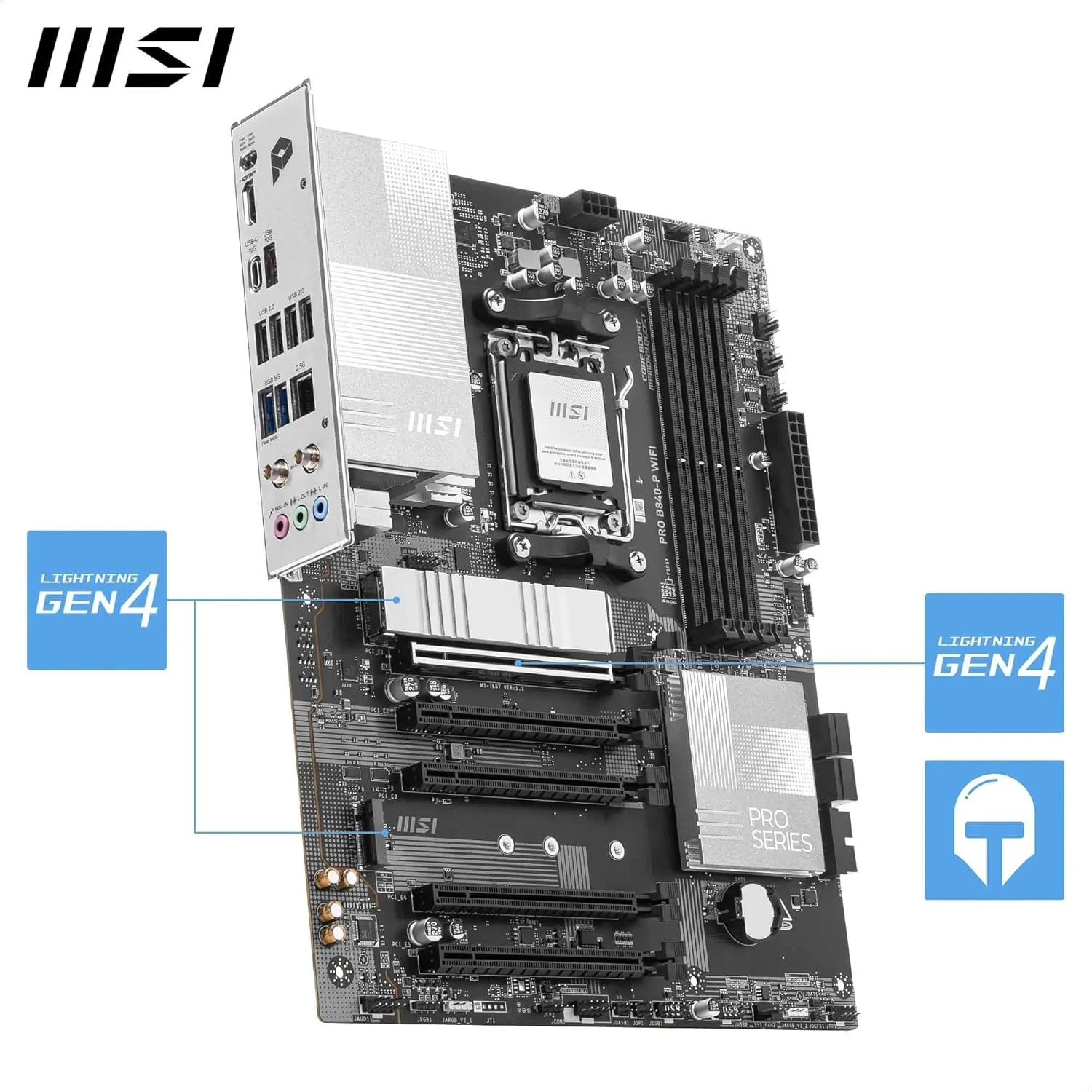 مادربرد MSI PRO B840-P WiFi، ATX - پشتیبانی از پردازندههای AMD Ryzen 9000/8000/7000، سوکت AM5 - تقویت حافظه DDR5 (بیش از 8000 MT/s OC)، PCIe 4.0 x16، M.2 Gen4، Wi-Fi 7، LAN 2.5G مادربرد MSI PRO B840-P WiFi، ATX - پشتیبانی از پردازندههای AMD Ryzen 9000/8000/7000، سوکت AM5 - تقویت حافظه DDR5 (بیش از 8000 MT/s OC)، PCIe 4.0 x16، M.2 Gen4، Wi-Fi 7، LAN 2.5G