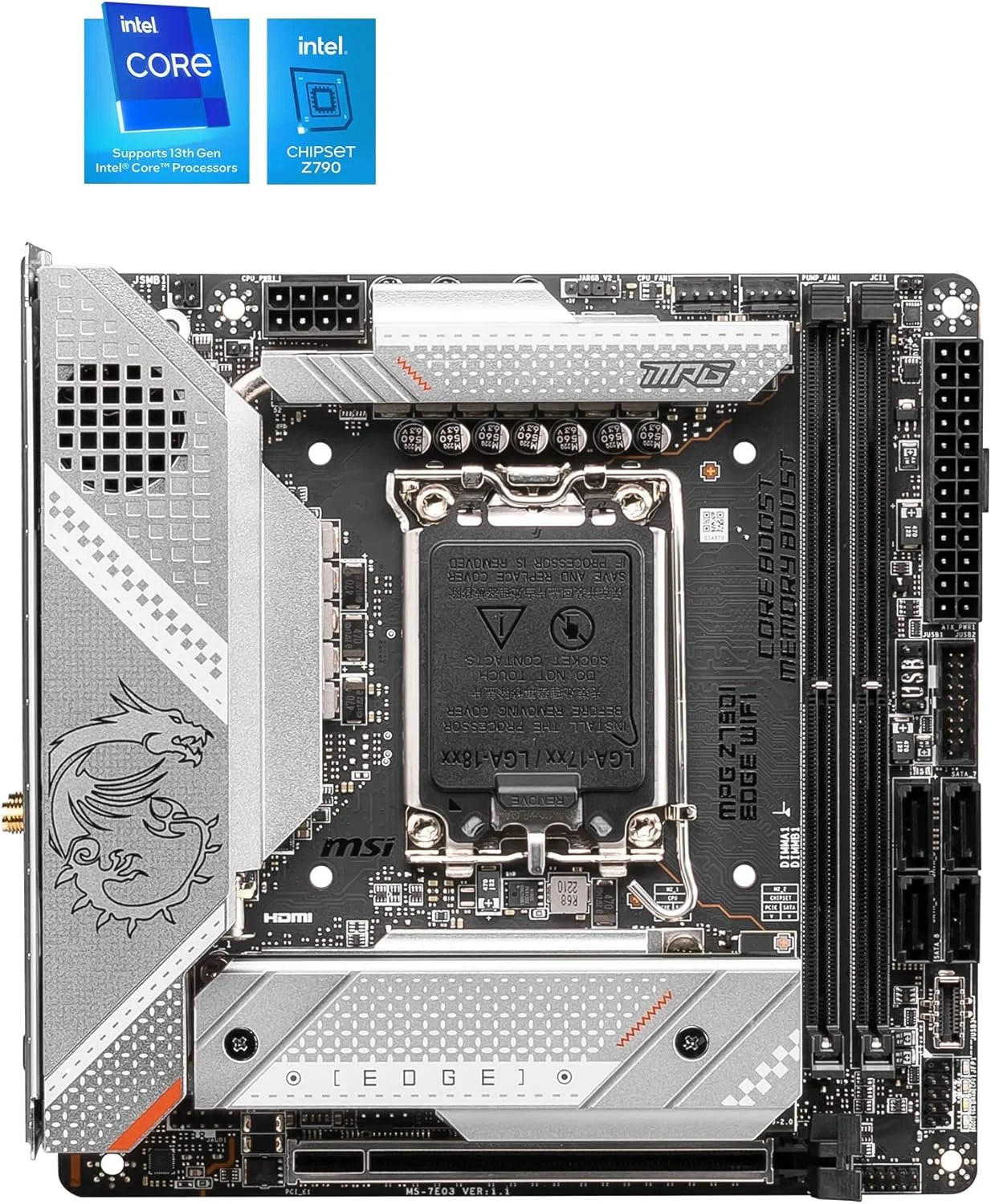 مادربرد گیمینگ MSI (بازسازی شده) MPG Z790I EDGE WIFI LGA 1700 Mini-ITX، نسل 12 و 13 اینتل، PCIe 5.0، 2x DDR5 64GB