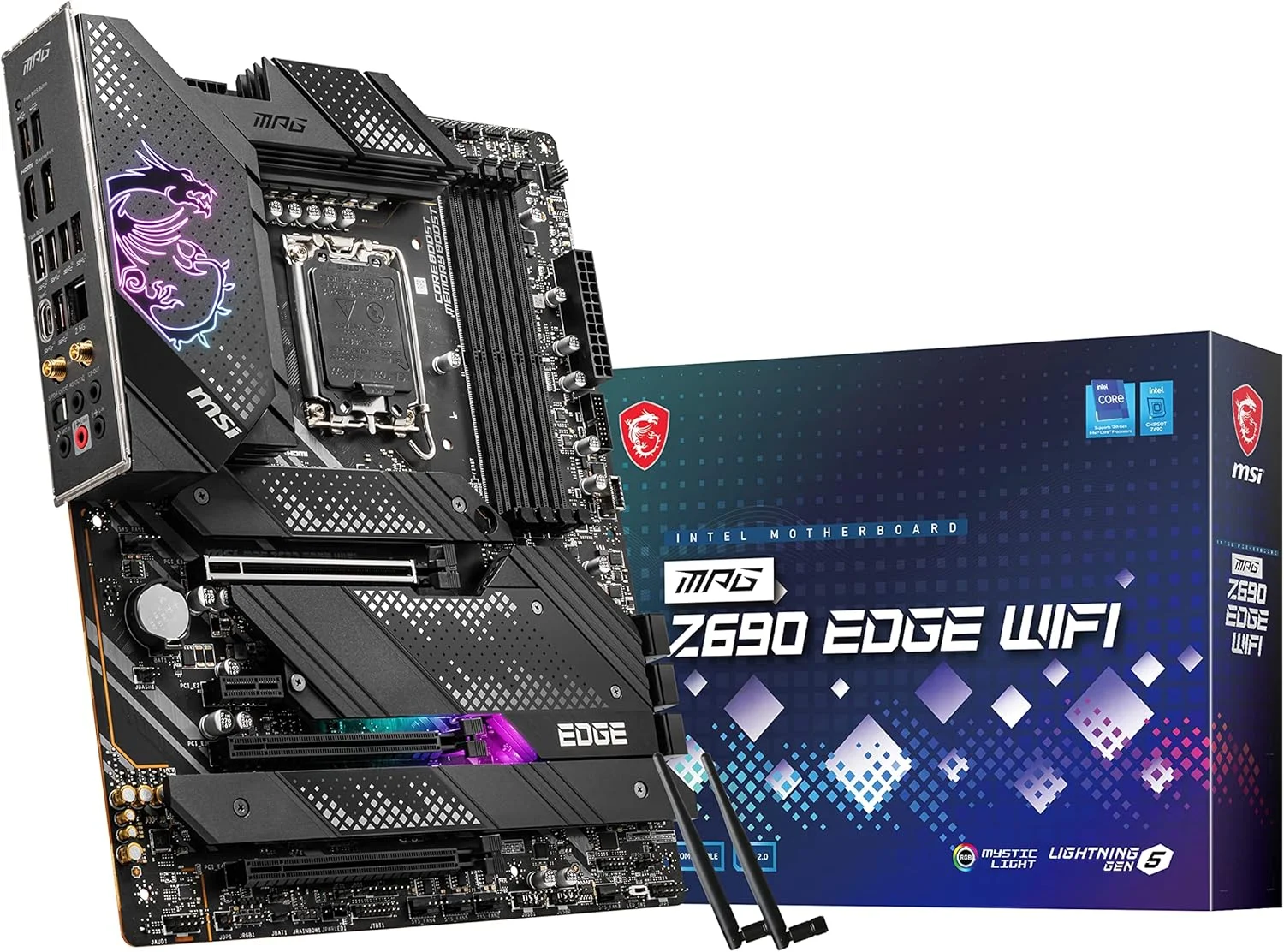 مادربرد MSI MPG Z690 EDGE WIFI ATX - پشتیبانی از پردازنده های نسل دوازدهم Intel Core، LGA 1700 - Mystic Light، Memory Boost (DDR5-6400MHz/OC)، 1 x PCIe 5.0 x16، 4 x M.2 Gen4/ x4، Wi-Fi 6E