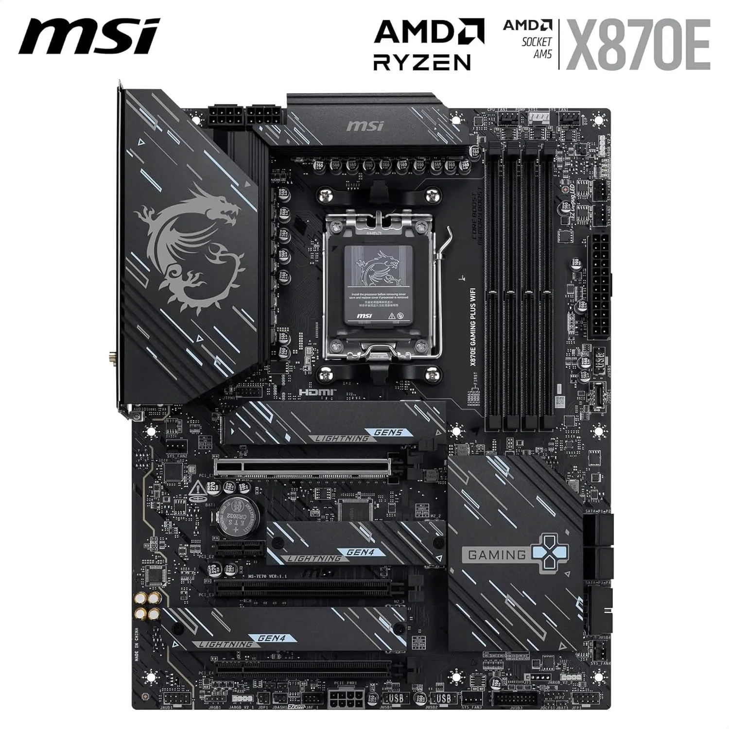 مادربرد MSI X870E Gaming Plus WiFi، ATX - پشتیبانی از پردازنده‌های AMD Ryzen 9000/8000/7000، AM5-60A SPS VRM، تقویت حافظه DDR5 8200+ MT/s (OC)، PCIe 5.0 x16 & 4.0 x4، M.2 Gen5، Wi-Fi 7، 5G LAN