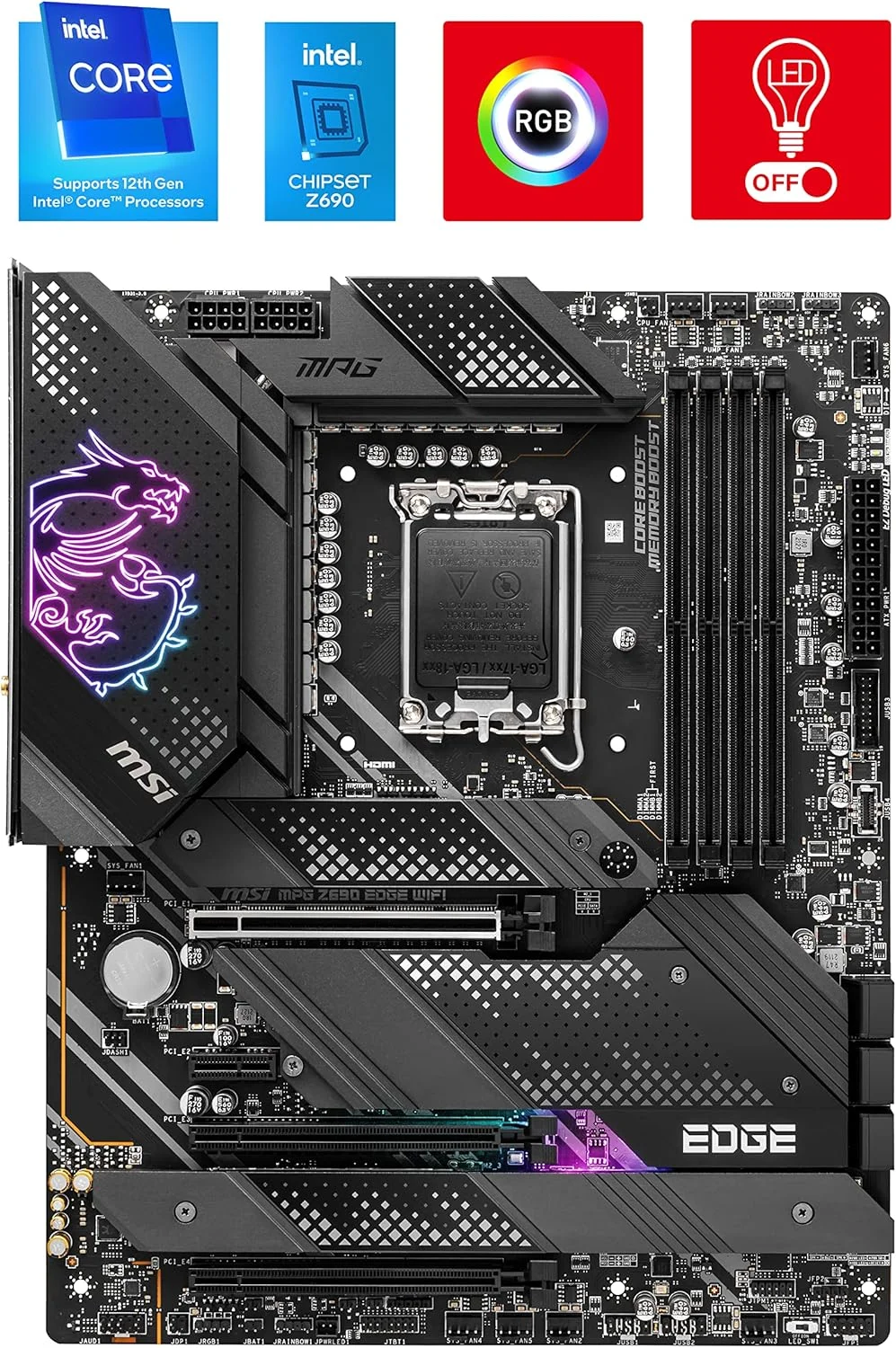 مادربرد MSI MPG Z690 EDGE WIFI ATX - پشتیبانی از پردازنده های نسل دوازدهم Intel Core، LGA 1700 - Mystic Light، Memory Boost (DDR5-6400MHz/OC)، 1 x PCIe 5.0 x16، 4 x M.2 Gen4/ x4، Wi-Fi 6E