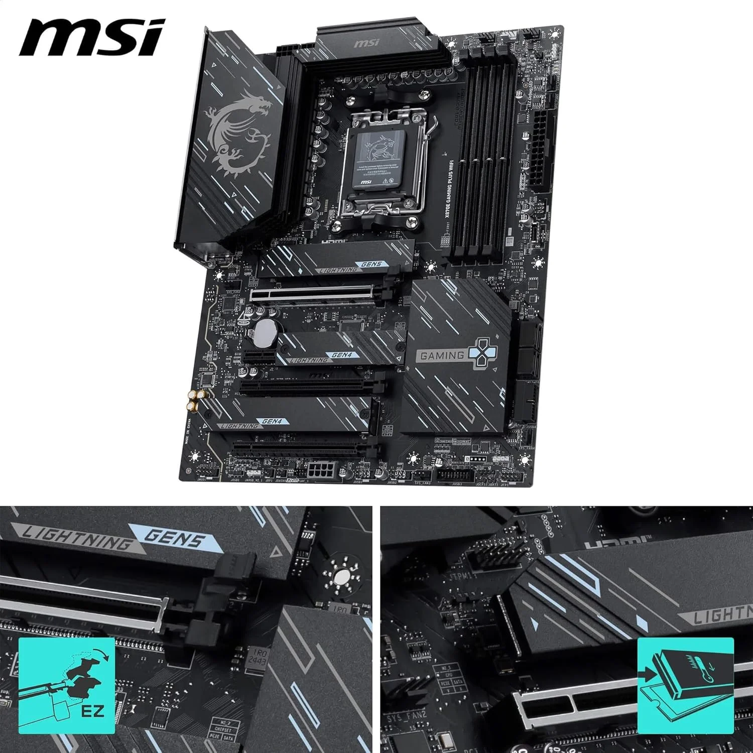 مادربرد MSI X870E Gaming Plus WiFi، ATX - پشتیبانی از پردازنده‌های AMD Ryzen 9000/8000/7000، AM5-60A SPS VRM، تقویت حافظه DDR5 8200+ MT/s (OC)، PCIe 5.0 x16 & 4.0 x4، M.2 Gen5، Wi-Fi 7، 5G LAN