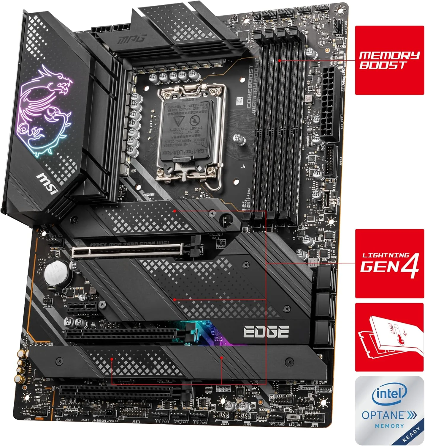 مادربرد MSI MPG Z690 EDGE WIFI ATX - پشتیبانی از پردازنده های نسل دوازدهم Intel Core، LGA 1700 - Mystic Light، Memory Boost (DDR5-6400MHz/OC)، 1 x PCIe 5.0 x16، 4 x M.2 Gen4/ x4، Wi-Fi 6E