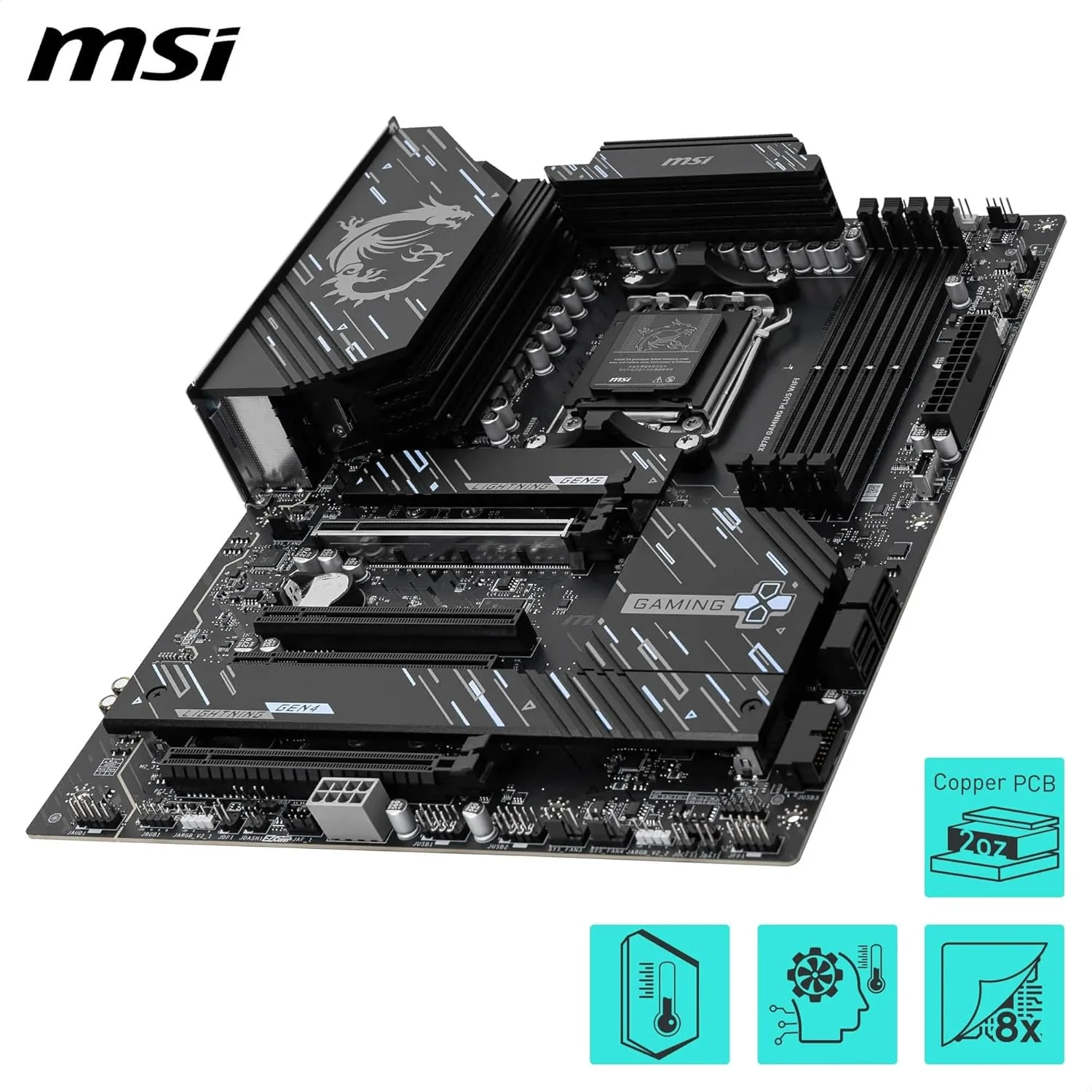 مادربرد MSI X870E Gaming Plus WiFi، ATX - پشتیبانی از پردازنده‌های AMD Ryzen 9000/8000/7000، AM5-60A SPS VRM، تقویت حافظه DDR5 8200+ MT/s (OC)، PCIe 5.0 x16 & 4.0 x4، M.2 Gen5، Wi-Fi 7، 5G LAN