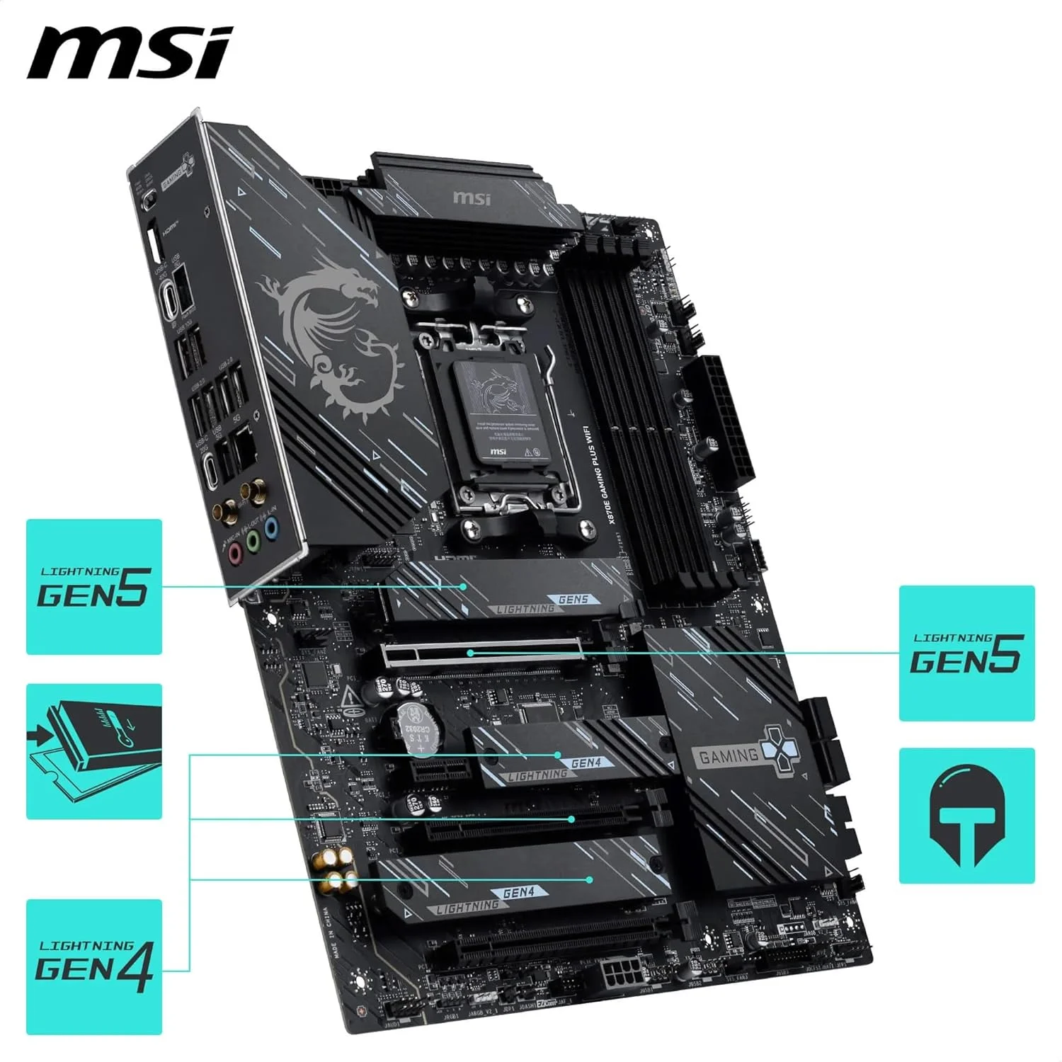 مادربرد MSI X870E Gaming Plus WiFi، ATX - پشتیبانی از پردازنده‌های AMD Ryzen 9000/8000/7000، AM5-60A SPS VRM، تقویت حافظه DDR5 8200+ MT/s (OC)، PCIe 5.0 x16 & 4.0 x4، M.2 Gen5، Wi-Fi 7، 5G LAN