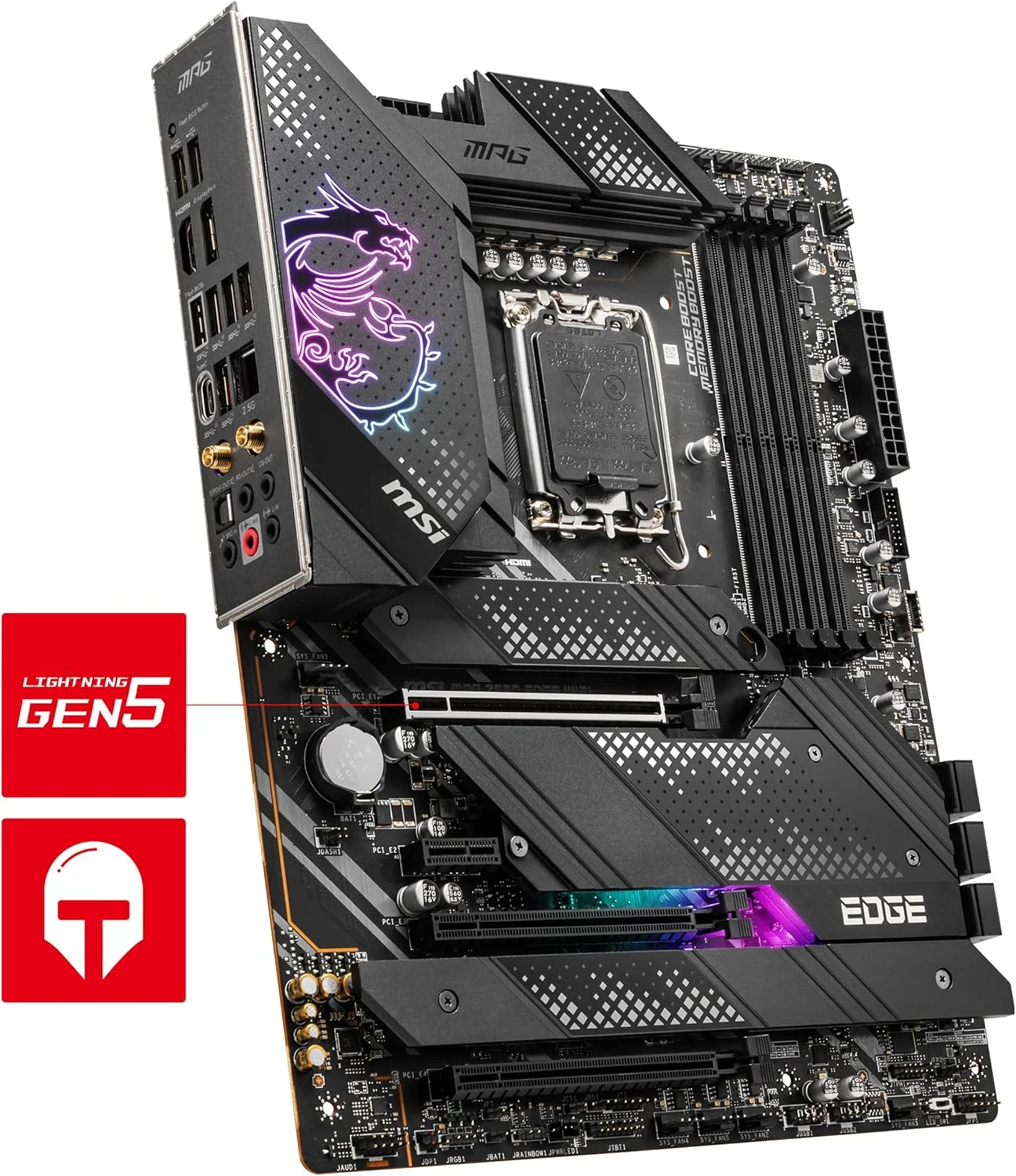 مادربرد MSI MPG Z690 EDGE WIFI ATX - پشتیبانی از پردازنده های نسل دوازدهم Intel Core، LGA 1700 - Mystic Light، Memory Boost (DDR5-6400MHz/OC)، 1 x PCIe 5.0 x16، 4 x M.2 Gen4/ x4، Wi-Fi 6E