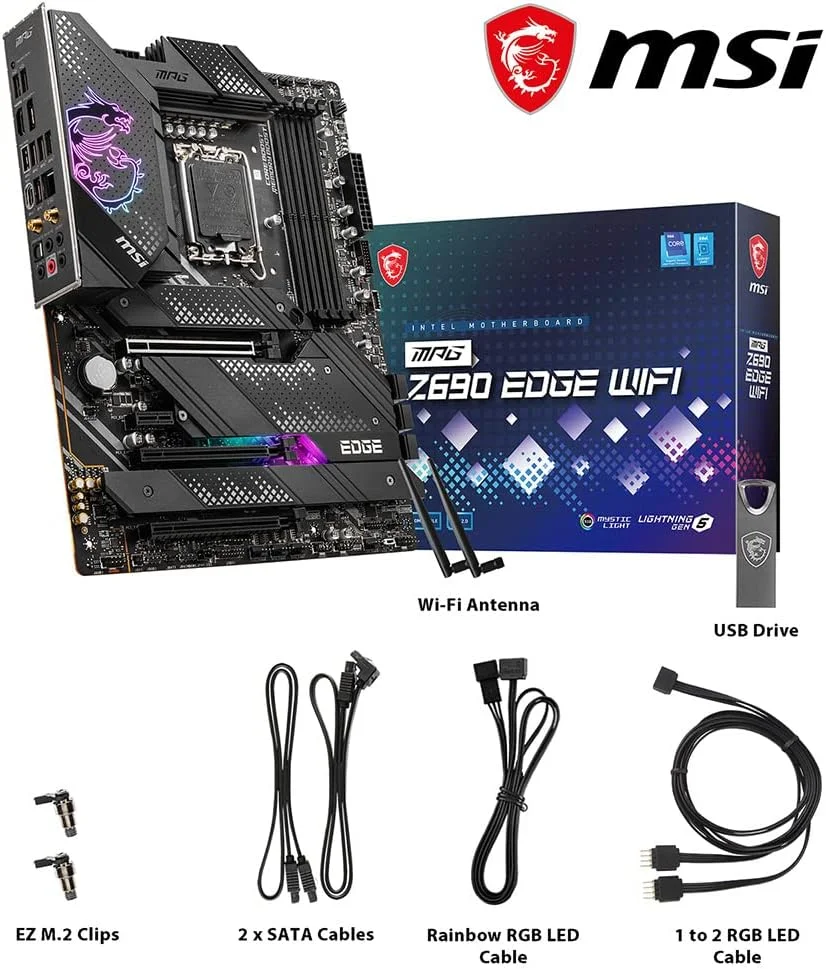 مادربرد MSI MPG Z690 EDGE WIFI ATX - پشتیبانی از پردازنده های نسل دوازدهم Intel Core، LGA 1700 - Mystic Light، Memory Boost (DDR5-6400MHz/OC)، 1 x PCIe 5.0 x16، 4 x M.2 Gen4/ x4، Wi-Fi 6E