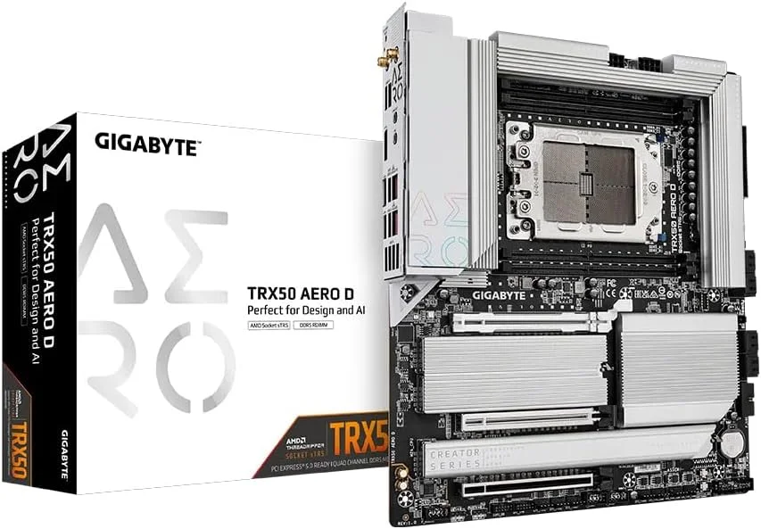 مادربرد GIGABYTE TRX50 AERO D - پشتیبانی از پردازنده های AMD Ryzen Threadripper سری 9000، VRM دیجیتال 16+8+4 فاز، DDR5 تا 7800 مگاهرتز (OC)، 3xPCIe 5.0 + 1xPCIe 4.0 M.2، Wi-Fi 7، LAN 10GbE، USB4