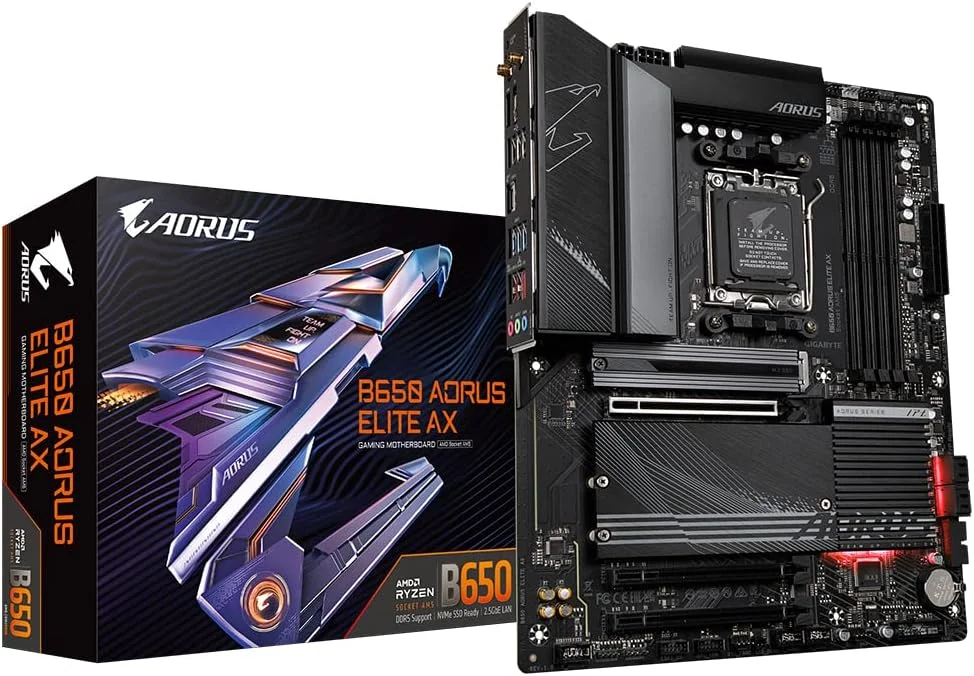 مادربرد گیگابایت B650 AORUS ELITE AX ATX - پشتیبانی از پردازنده های AMD Ryzen سری 7000 AM5، VRM دوقلو 14+2+1 70A، تا 8000 مگاهرتز DDR5 (OC)، 1x PCIe 5.0 M.2، 2x PCIe 4.0 M.2، Wi-Fi 6E، LAN 2.5G، USB-C و ARGB