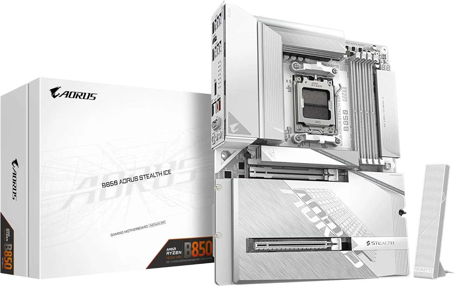 مادربرد گیگابایت B850 AORUS STEALTH ICE - پردازنده های سری AMD Ryzen 9000، VRM دیجیتال 14+2+2 فاز، تا 8200 مگاهرتز DDR5 (OC)، 2xPCIe 5.0 + 2xPCIe 4.0 M.2، WIFI 7، LAN 5 گیگابیتی، USB 3.2 Gen 2