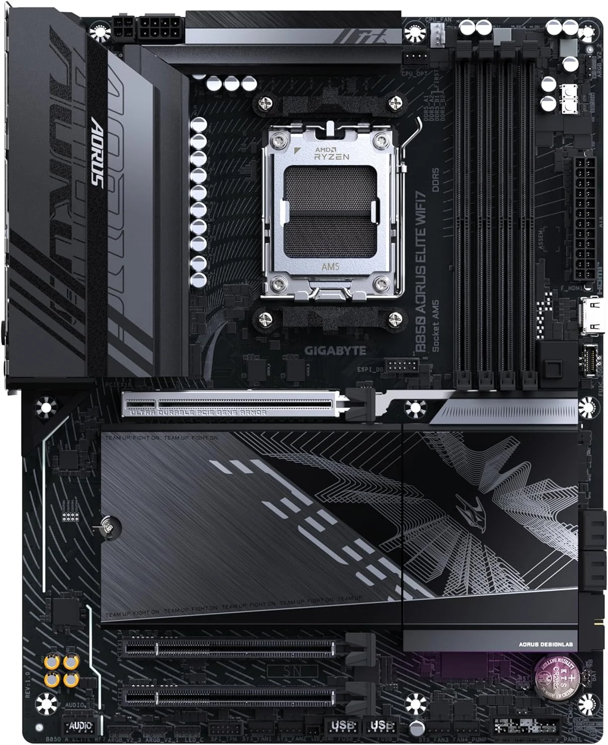 مادربرد GIGABYTE B850 AORUS Elite WIFI7 - پردازنده های AMD Ryzen 9000 Series، VRM دیجیتال 14+2+2 فاز، DDR5 تا 5200MHz (OC)، 1xPCIe 5.0 + 2xPCIe 4.0 M.2، 2.5 LAN، WiFi 7، USB 3.2 Gen 2x2