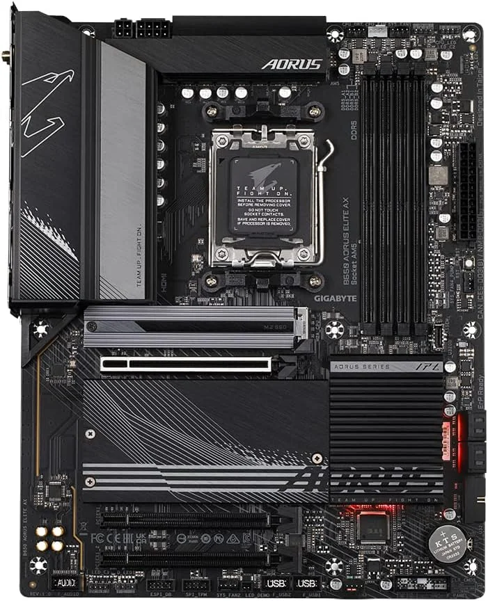 مادربرد گیگابایت B650 AORUS ELITE AX ATX - پشتیبانی از پردازنده های AMD Ryzen سری 7000 AM5، VRM دوقلو 14+2+1 70A، تا 8000 مگاهرتز DDR5 (OC)، 1x PCIe 5.0 M.2، 2x PCIe 4.0 M.2، Wi-Fi 6E، LAN 2.5G، USB-C و ARGB