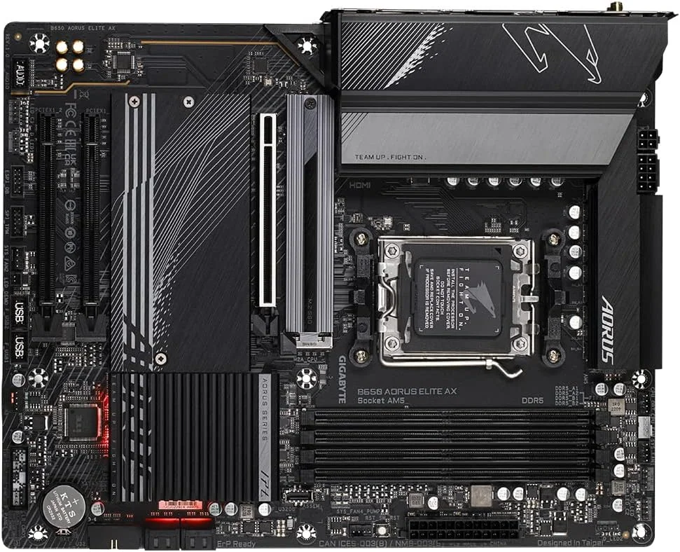 مادربرد گیگابایت B650 AORUS ELITE AX ATX - پشتیبانی از پردازنده های AMD Ryzen سری 7000 AM5، VRM دوقلو 14+2+1 70A، تا 8000 مگاهرتز DDR5 (OC)، 1x PCIe 5.0 M.2، 2x PCIe 4.0 M.2، Wi-Fi 6E، LAN 2.5G، USB-C و ARGB