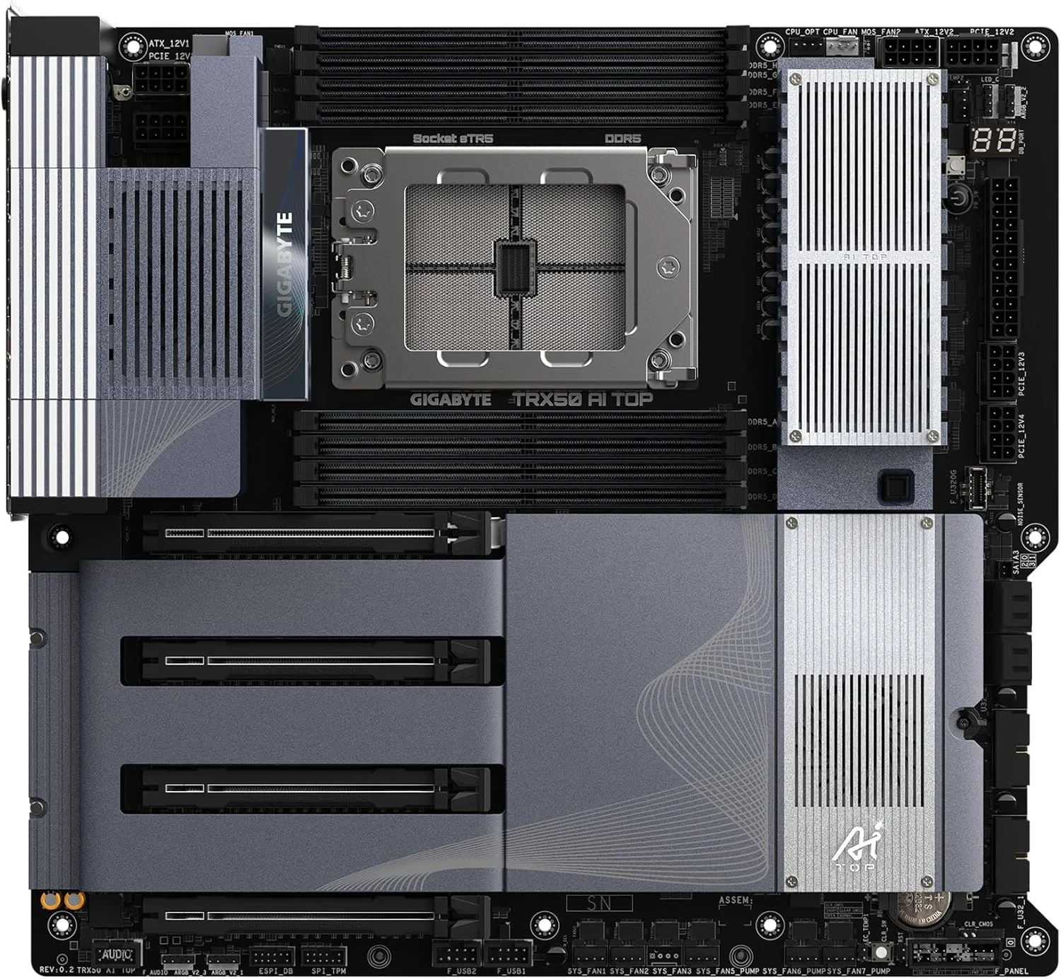 مادربرد GIGABYTE TRX50 AI TOP sTR5 AMD TRX50 EATX - DDR5، PCIe 5.0 M.2، PCIe 5.0، USB4 Type-C، Wi-Fi 7، Marvell 10GbE