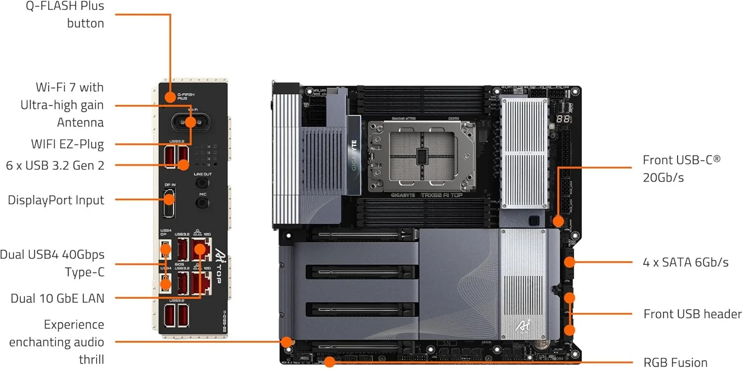 مادربرد GIGABYTE TRX50 AI TOP sTR5 AMD TRX50 EATX - DDR5، PCIe 5.0 M.2، PCIe 5.0، USB4 Type-C، Wi-Fi 7، Marvell 10GbE