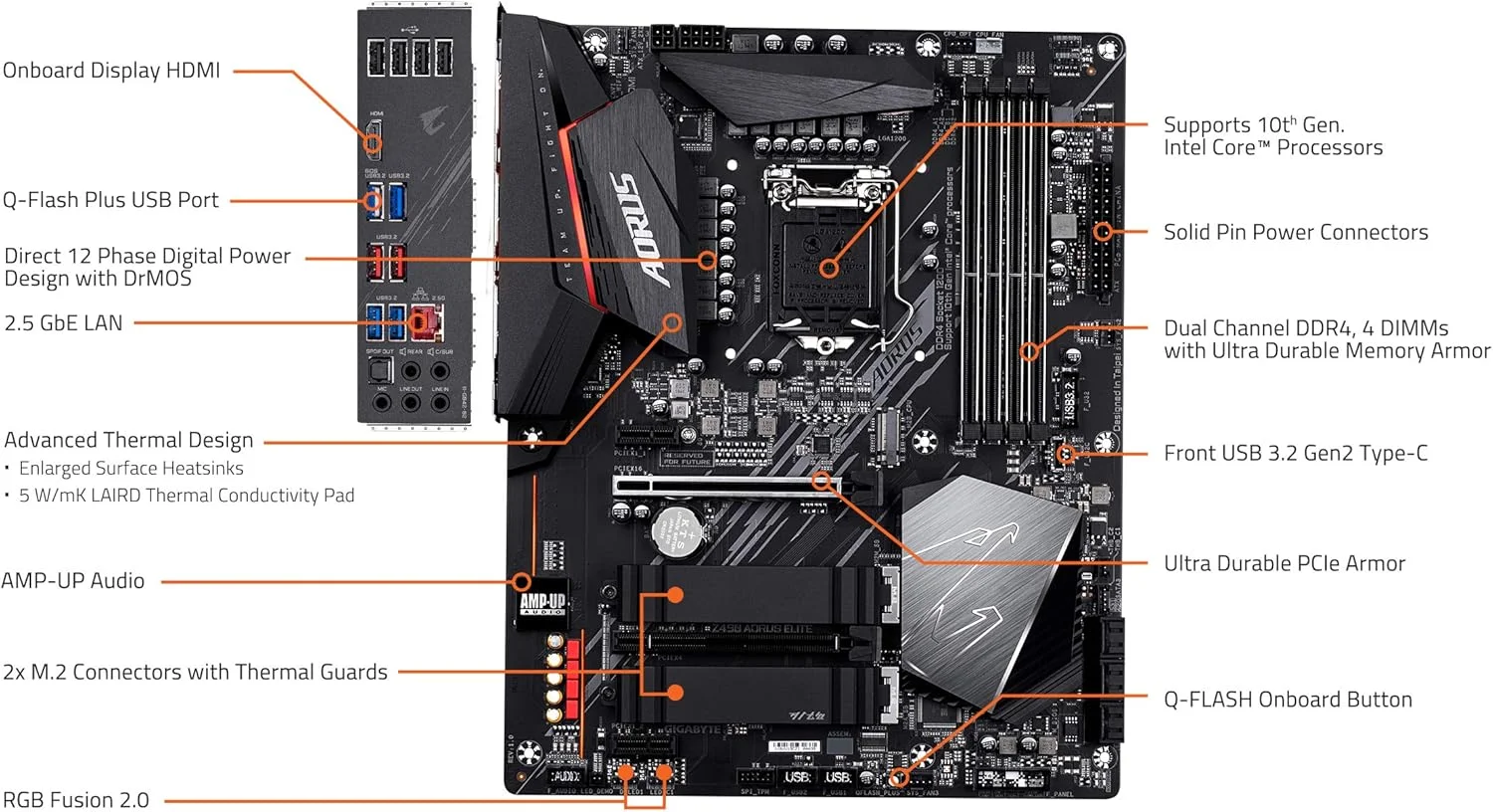 مادربرد گیمینگ GIGABYTE Z490 AORUS Elite (Intel LGA1200/Z490/ATX/2xM.2/Realtek ALC1200/SATA 6Gb/s/USB 3.2 Gen 2/2.5 GbE LAN/RGB Fusion) مادربرد گیمینگ GIGABYTE Z490 AORUS Elite (Intel LGA1200/Z490/ATX/2xM.2/Realtek ALC1200/SATA 6Gb/s/USB 3.2 Gen 2/2.5 GbE LAN/RGB Fusion)
