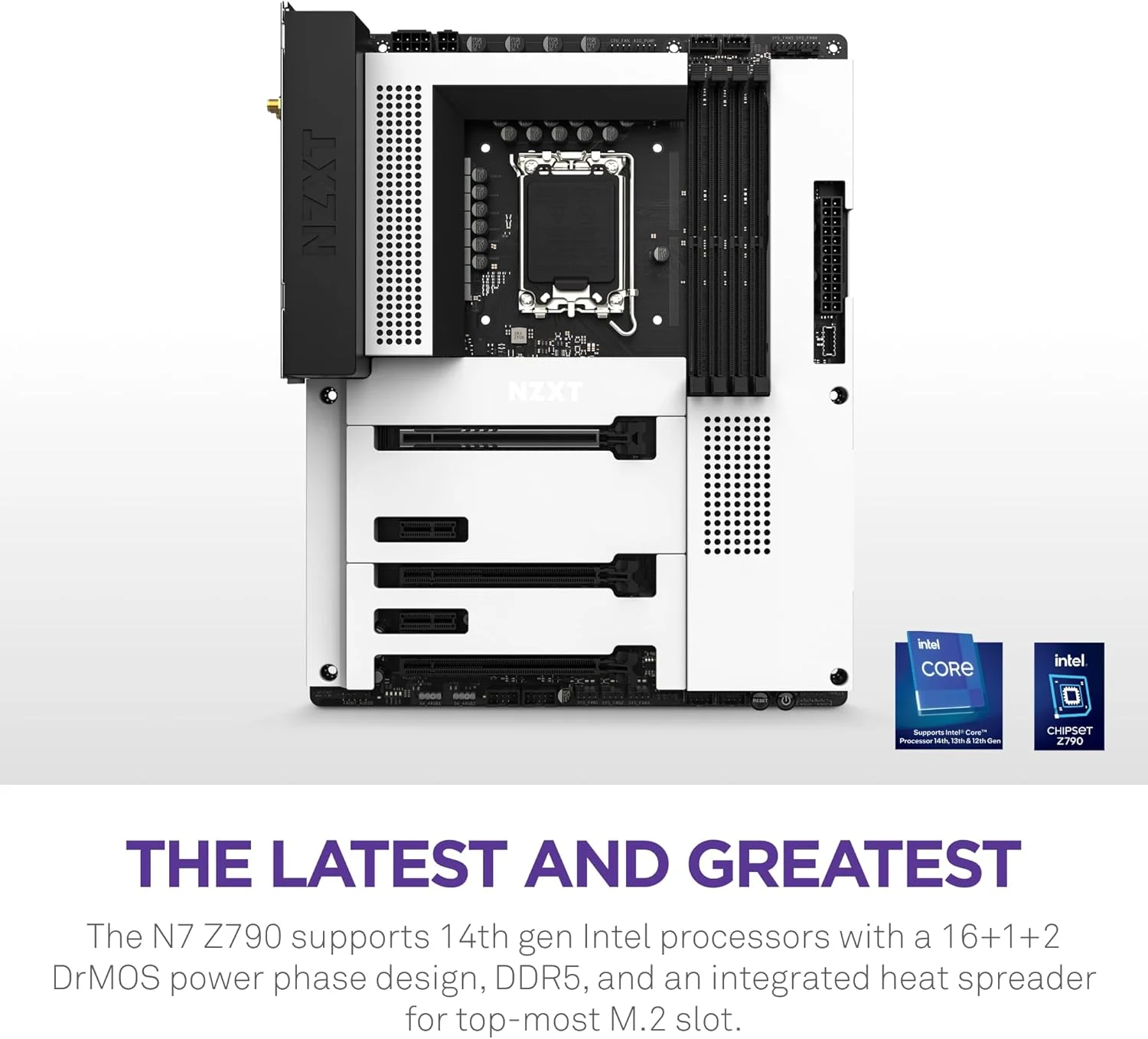 مادربرد NZXT N7 Z790 - N7-Z79XT-W1 - چیپست Intel Z790 (پشتیبانی از پردازنده های نسل 12 و 13) - مادربرد گیمینگ ATX - محافظ I/O یکپارچه - اتصال WiFi 6E - بلوتوث - سفید