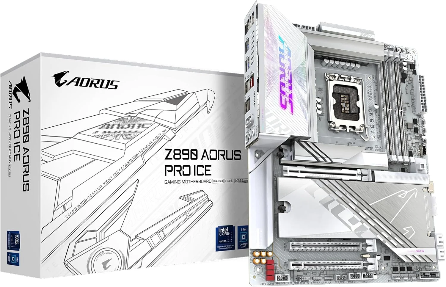 مادربرد GIGABYTE Z890 AORUS PRO ICE - پشتیبانی از پردازنده‌های Intel Core Ultra (سری 2)، VRM با 16+1+2 فاز، DDR5 تا 9500 مگاهرتز (OC)، 1xPCIe 5.0 + 4xPCIe 4.0، Wi-Fi 7، LAN 5GbE، Thunderbolt 4
