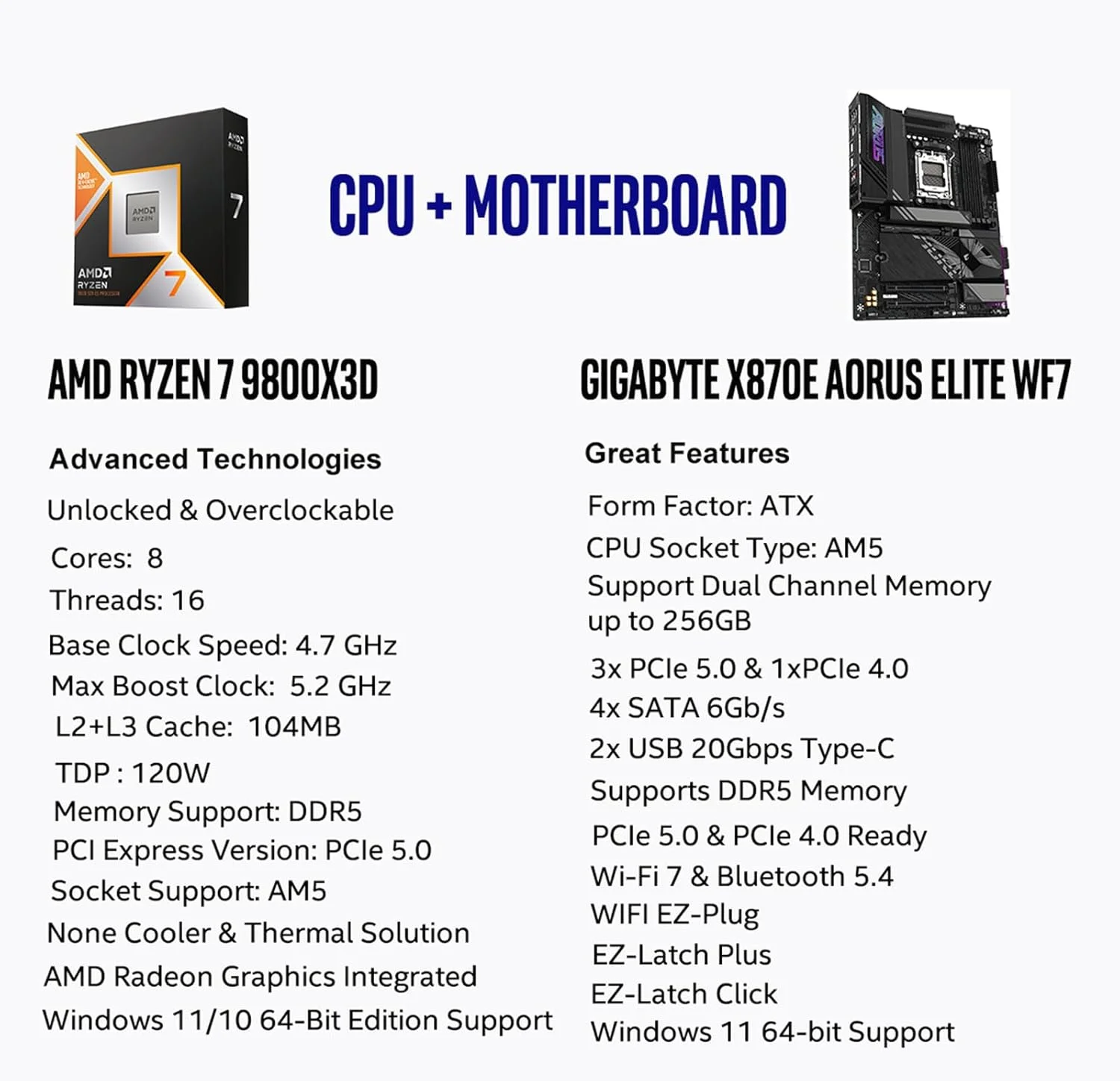 پردازنده مرکزی AMD Ryzen 7 9800X3D به همراه مادربرد GIGABYTE X870E AORUS Elite WIFI7 AM5 (ATX، DDR5، 4X M.2، PCIe 5.0، USB4)