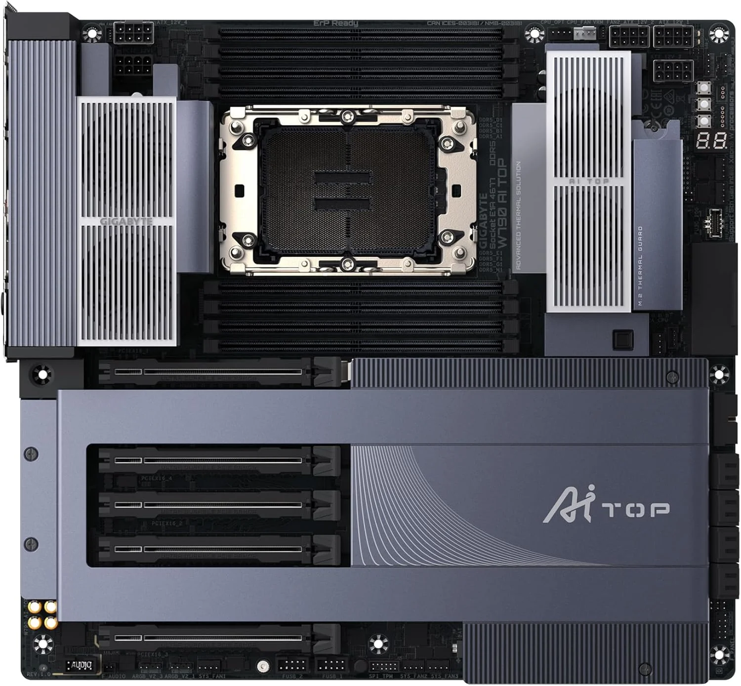 مادربرد GIGABYTE W790 AI TOP Intel Xeon W Processor (LGA4677)، E-ATX، DDR5، 6X M.2، PCIe 5.0، Thunderbolt 4، WIFI7، 10GbE LAN، EZ-Latch