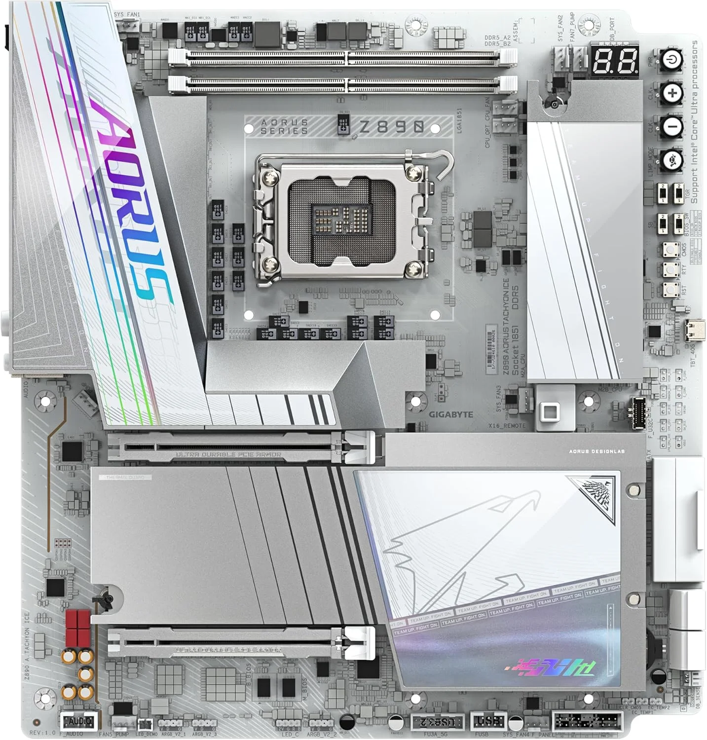 مادربرد GIGABYTE Z890 AORUS Tachyon Ice - پردازنده های Intel Core Ultra (سری 2)، VRM با 18+1+2 فاز، DDR5 تا 9500 مگاهرتز (OC)، 1 x PCIe 5.0 + 3 x PCIe 4.0، Wi-Fi 7، LAN 5 گیگابیتی، USB 3.2 Gen 2x2