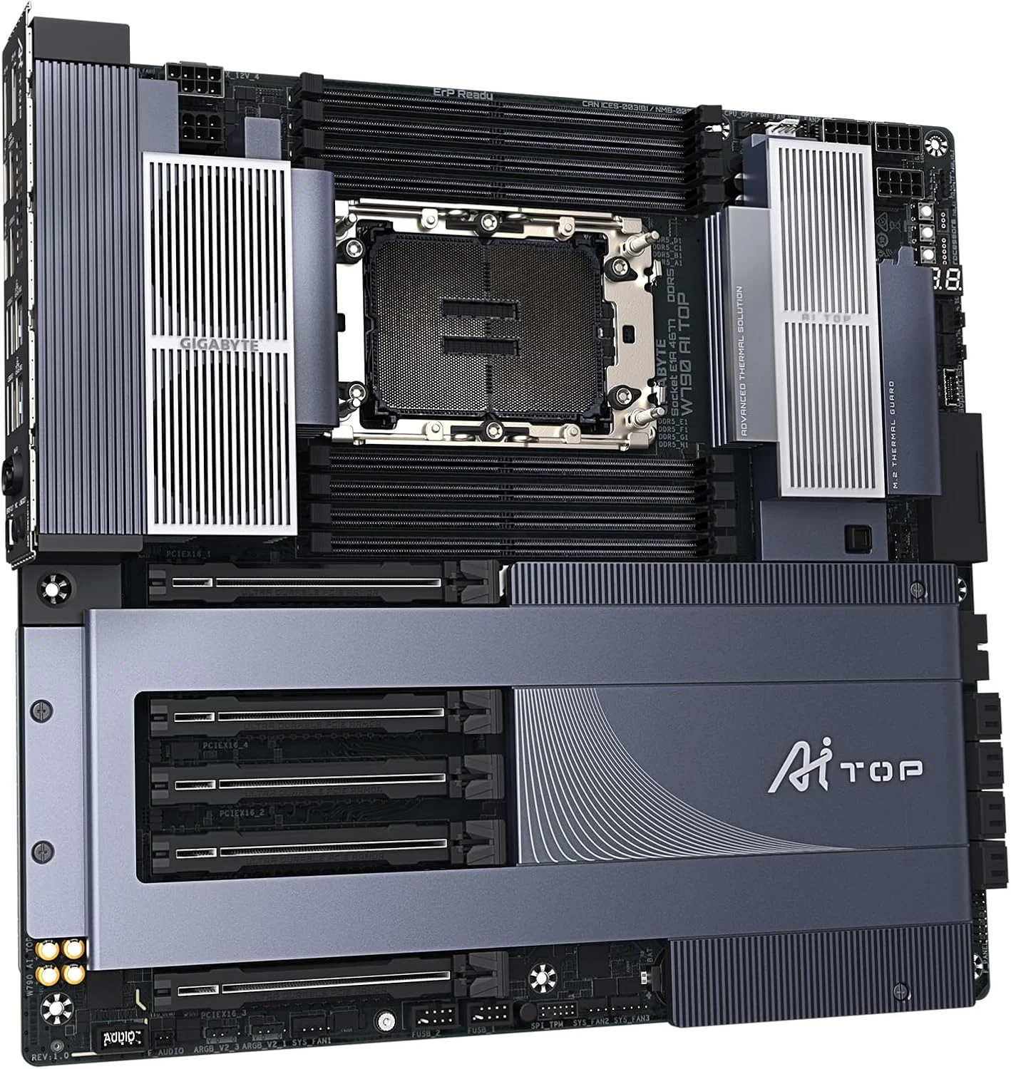 مادربرد GIGABYTE W790 AI TOP Intel Xeon W Processor (LGA4677)، E-ATX، DDR5، 6X M.2، PCIe 5.0، Thunderbolt 4، WIFI7، 10GbE LAN، EZ-Latch