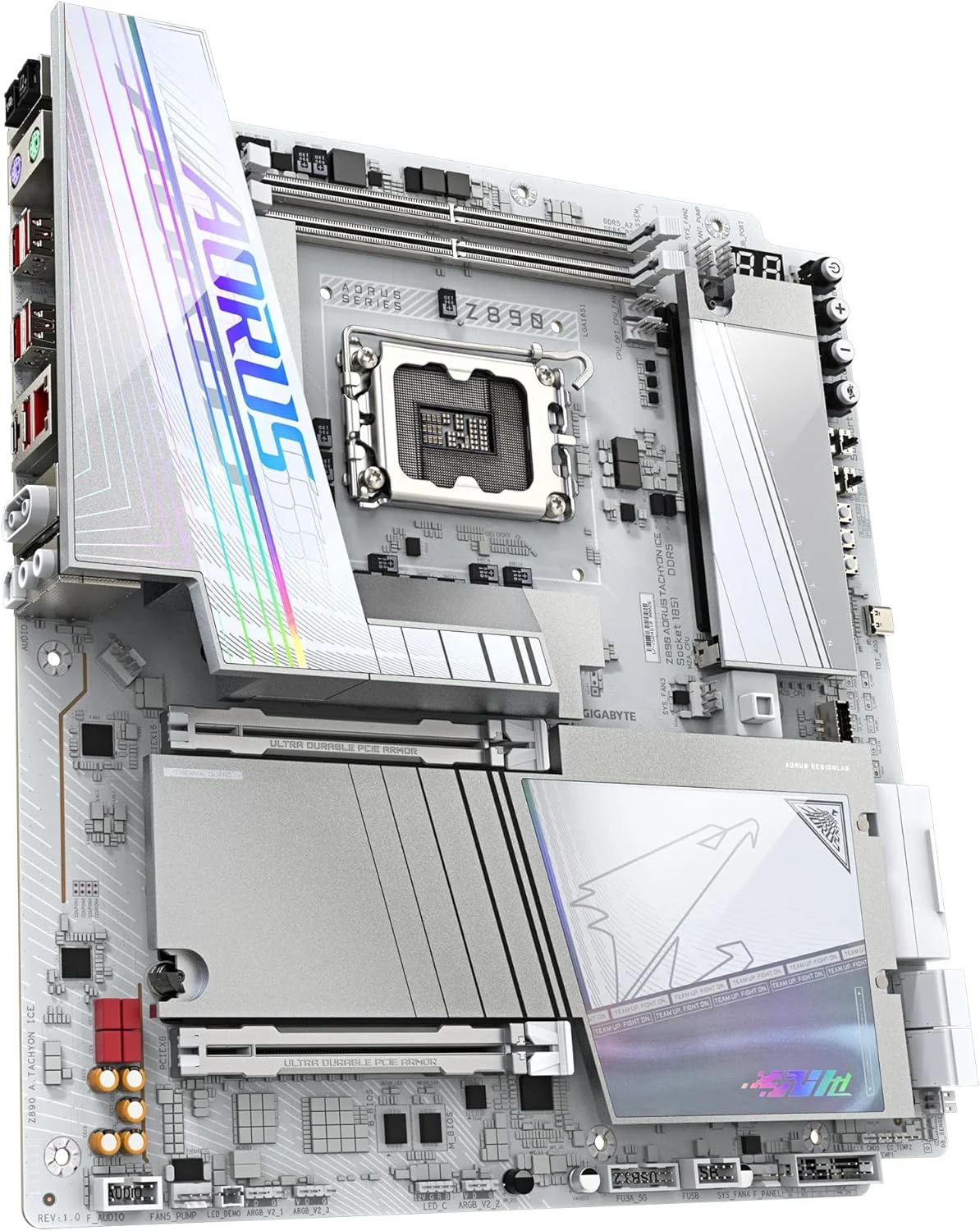 مادربرد GIGABYTE Z890 AORUS Tachyon Ice - پردازنده های Intel Core Ultra (سری 2)، VRM با 18+1+2 فاز، DDR5 تا 9500 مگاهرتز (OC)، 1 x PCIe 5.0 + 3 x PCIe 4.0، Wi-Fi 7، LAN 5 گیگابیتی، USB 3.2 Gen 2x2