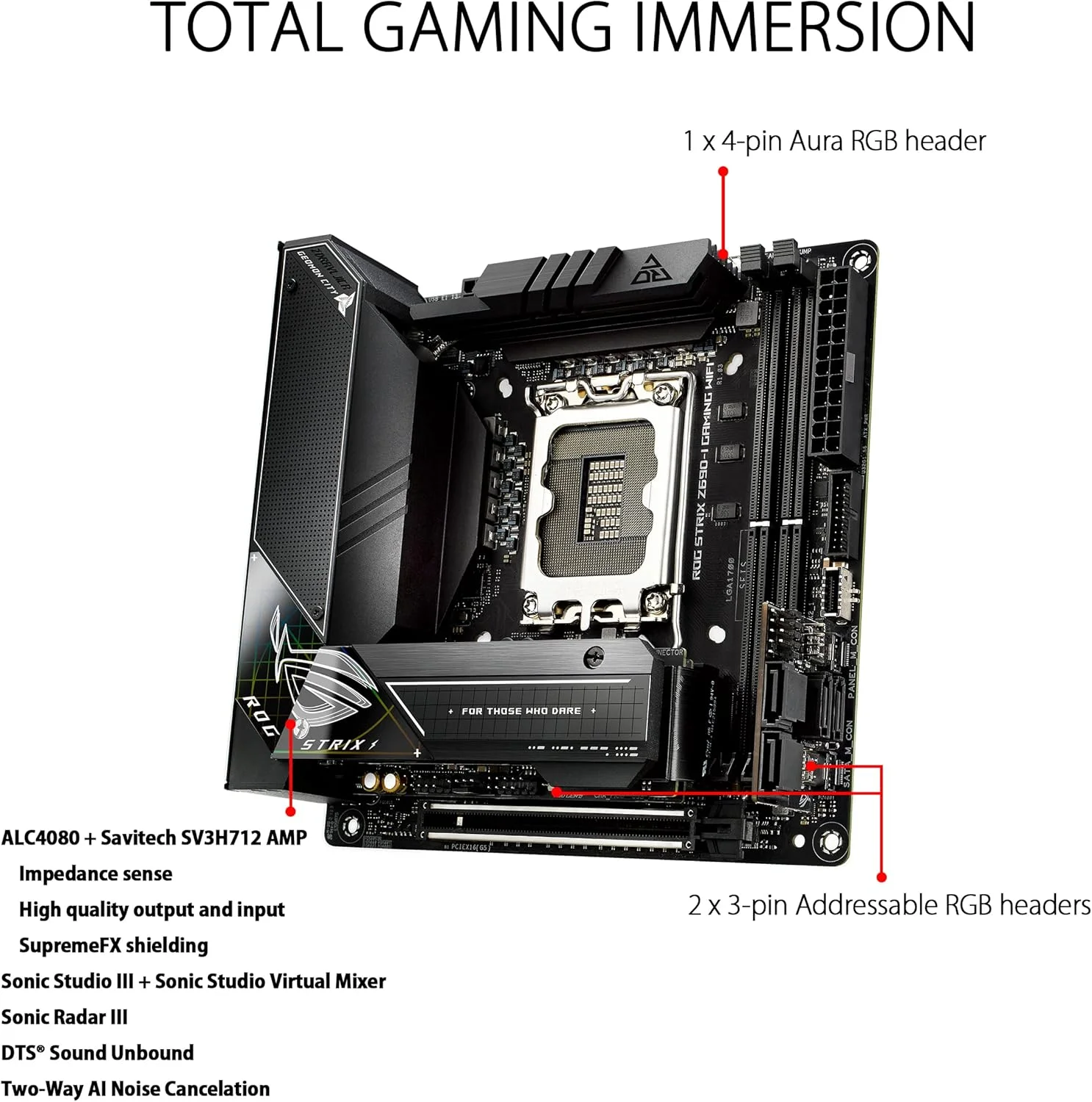 مادربرد ایسوس ROG STRIX Z690-I GAMING WIFI Intel Z690 LGA 1700 ITX با PCIe 5.0، 10+1 مراحل قدرت، حذف نویز هوش مصنوعی دو طرفه، اورکلاک هوش مصنوعی، خنک کننده هوش مصنوعی