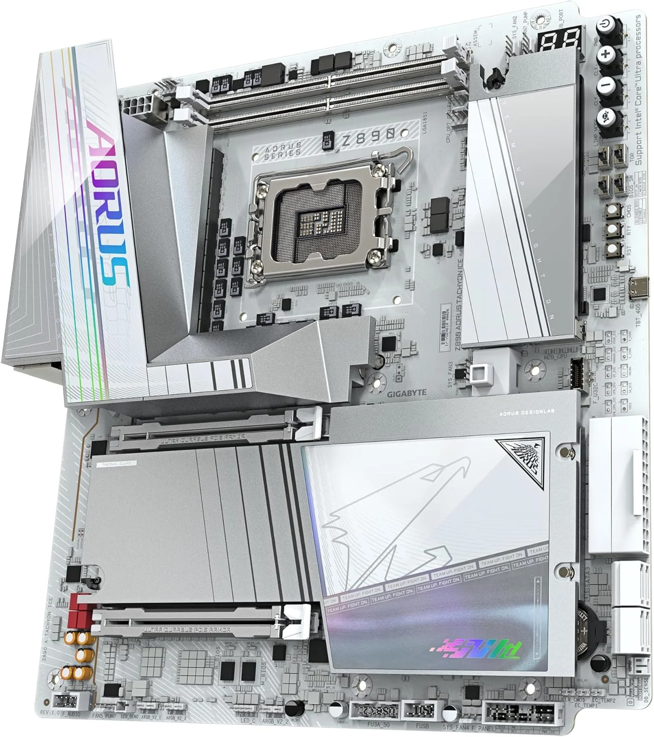 مادربرد GIGABYTE Z890 AORUS Tachyon Ice - پردازنده های Intel Core Ultra (سری 2)، VRM با 18+1+2 فاز، DDR5 تا 9500 مگاهرتز (OC)، 1 x PCIe 5.0 + 3 x PCIe 4.0، Wi-Fi 7، LAN 5 گیگابیتی، USB 3.2 Gen 2x2