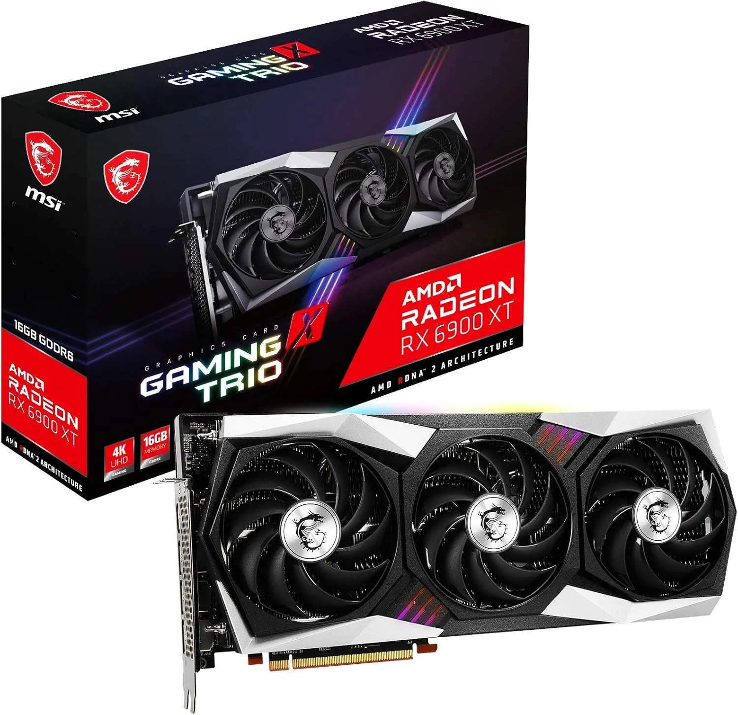 کارت گرافیک MSI Gaming Radeon RX 6900 XT با فرکانس بوست تا 2340 مگاهرتز، 256 بیتی، 16 گیگابایت GDDR6، DP/HDMI، سه فن Torx 4.0، FreeSync، DirectX 12، VR Ready، نورپردازی RGB (مدل RX 6900 XT Gaming X Trio 16G)