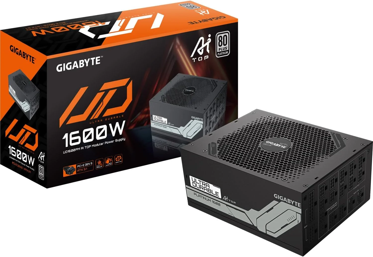 منبع تغذیه 1600 وات گیگابایت مدل UD1600PM PG5 AI TOP دارای گواهینامه 80 پلاس پلاتینیوم، کاملا ماژولار، PCIe 5.0، ATX 3.1، کانکتور 12VHPWR GPU، کابل های تخت، 10 سال گارانتی
