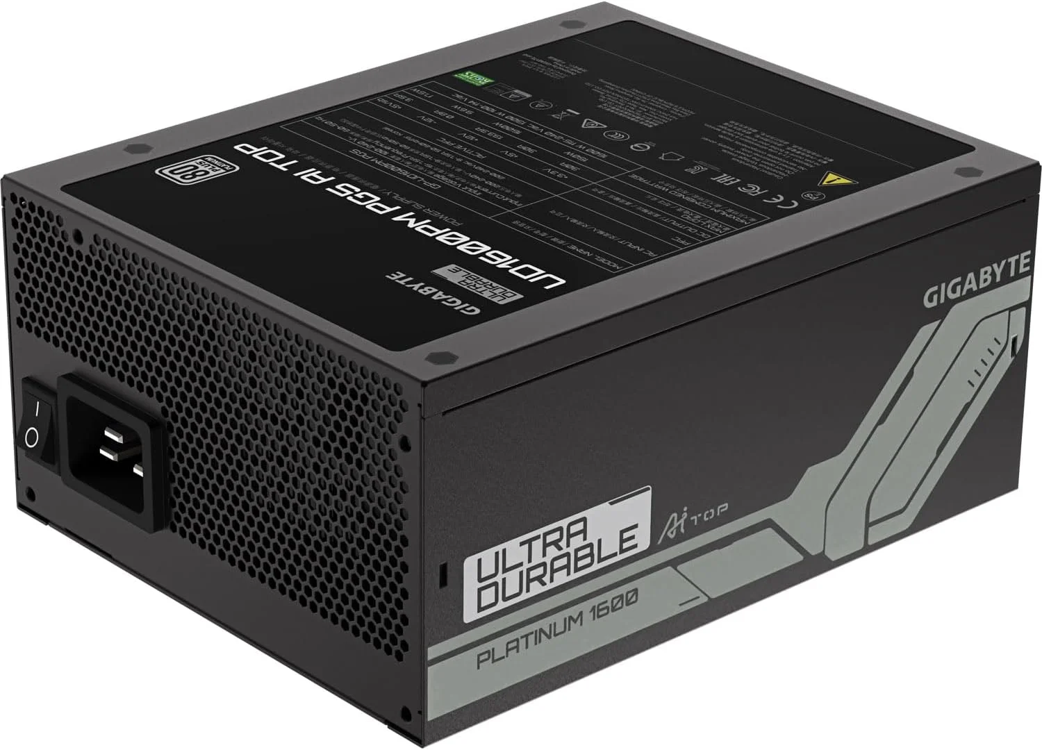 منبع تغذیه 1600 وات گیگابایت مدل UD1600PM PG5 AI TOP دارای گواهینامه 80 پلاس پلاتینیوم، کاملا ماژولار، PCIe 5.0، ATX 3.1، کانکتور 12VHPWR GPU، کابل های تخت، 10 سال گارانتی