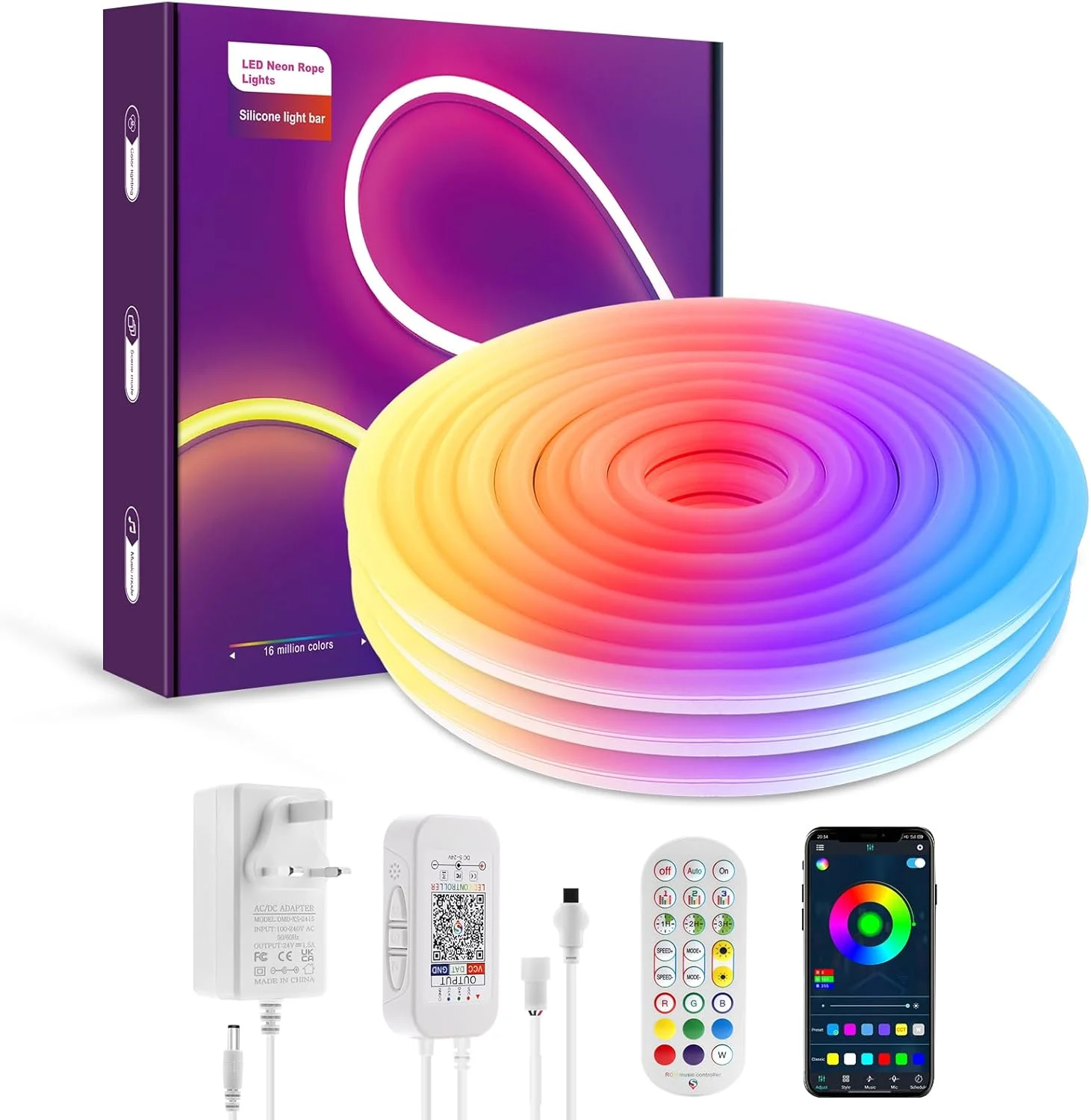 چراغ نواری ال ای دی نئون بلوتوثی 3M ضد آب LUXONIC 24V 252LEDs RGBIC انعطاف پذیر، کیت نور نئون با قابلیت همگام سازی موسیقی، حالت های قابل تنظیم، تایمر با اپلیکیشن و کنترل از راه دور 24 کلیدی، نورپردازی طنابی برای دکوراسیون منزل