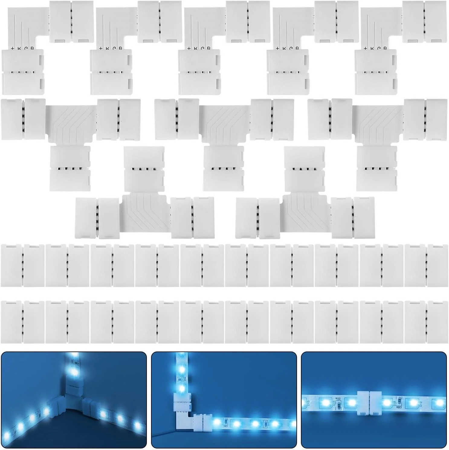 کیت کامل 30 عددی اتصال دهنده نوار LED RGB آزونی، آداپتور توسعه بدون لحیم کاری 4 پین بدون فاصله سازگار با نوار LED SMD 5050، شامل 20 اتصال دهنده بدون فاصله، 5 اتصال دهنده L و 5 اتصال دهنده T (10 میلی متر)