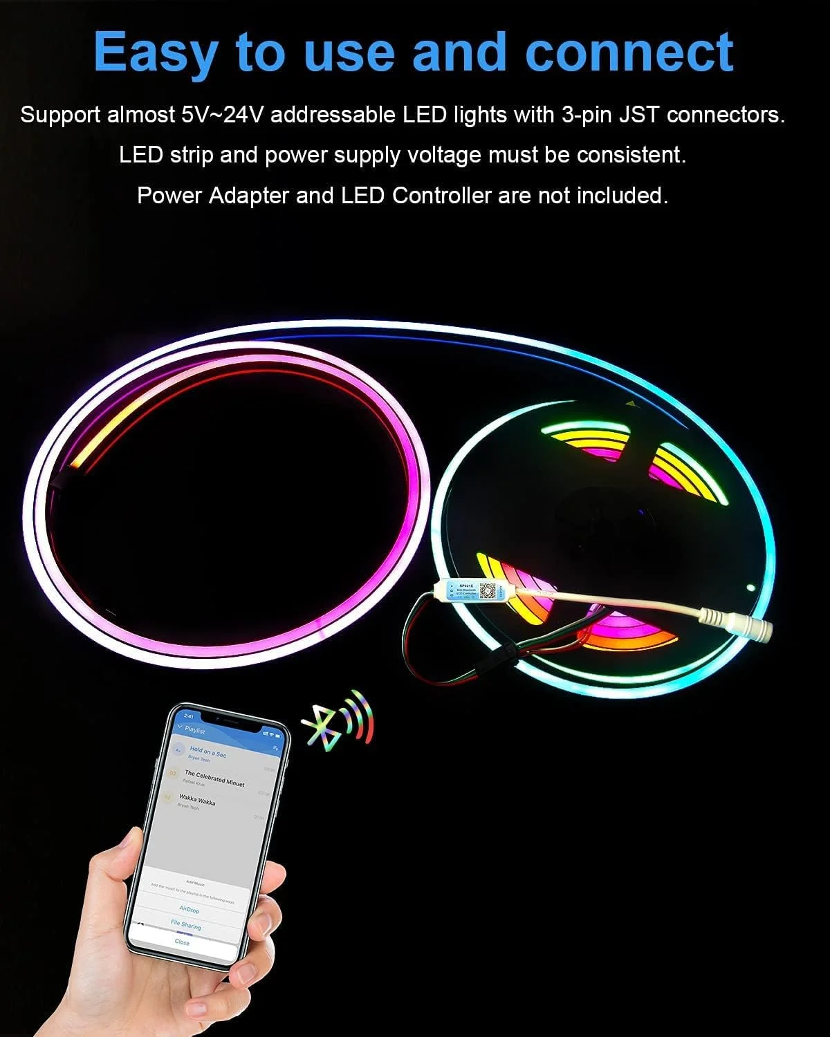 کنترلر LED بلوتوثی آدرس پذیر پروتیم SP621E، کنترلر مینی LED RGB آدرس پذیر WS2811، 5 ولت 12 ولت 24 ولت برای SK6812 WS2812 SM16703 1903 3Pin چراغ های نواری LED پیکسلی رنگی رویایی DC5V~24V کنترل برنامه