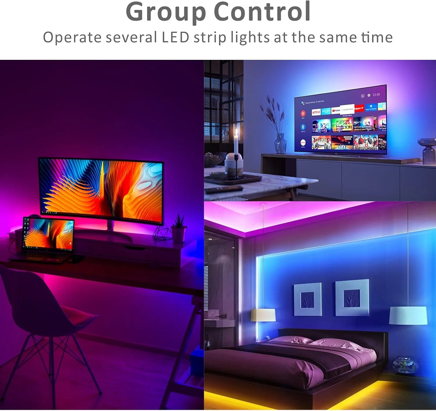 نوارهای نوری LED هوشمند Baytion، نوارهای چراغ LED هوشمند با کنترل برنامه 5050 RGB همگام سازی موسیقی تغییر رنگ و کنترل از راه دور 24 کلیدی برای دکوراسیون داخلی DIY (5M)