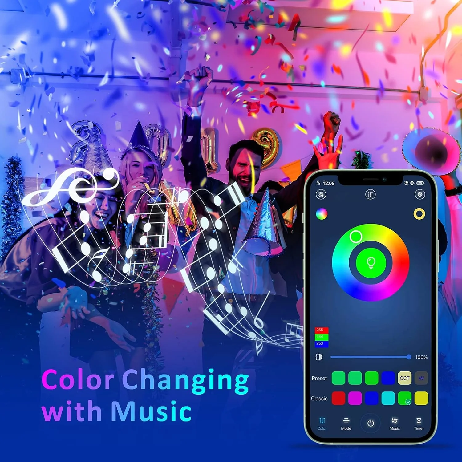 نوارهای نوری LED هوشمند Baytion، نوارهای چراغ LED هوشمند با کنترل برنامه 5050 RGB همگام سازی موسیقی تغییر رنگ و کنترل از راه دور 24 کلیدی برای دکوراسیون داخلی DIY (5M)