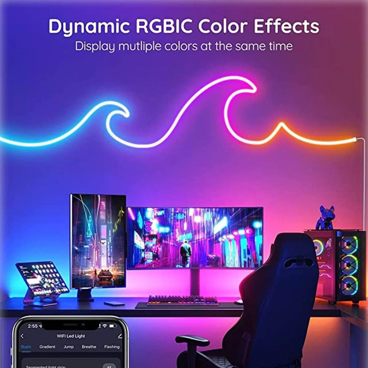 چراغ های نئون طنابی هوشمند Boolygo [2M/6.5Ft] - نوار LED ضد آب IP67 با کنترل از طریق برنامه/کنترل از راه دور | همگام سازی موسیقی برای اتاق خواب/پاسیو/مهمانی (رنگی، 2 متر/ 6.5 فوت)