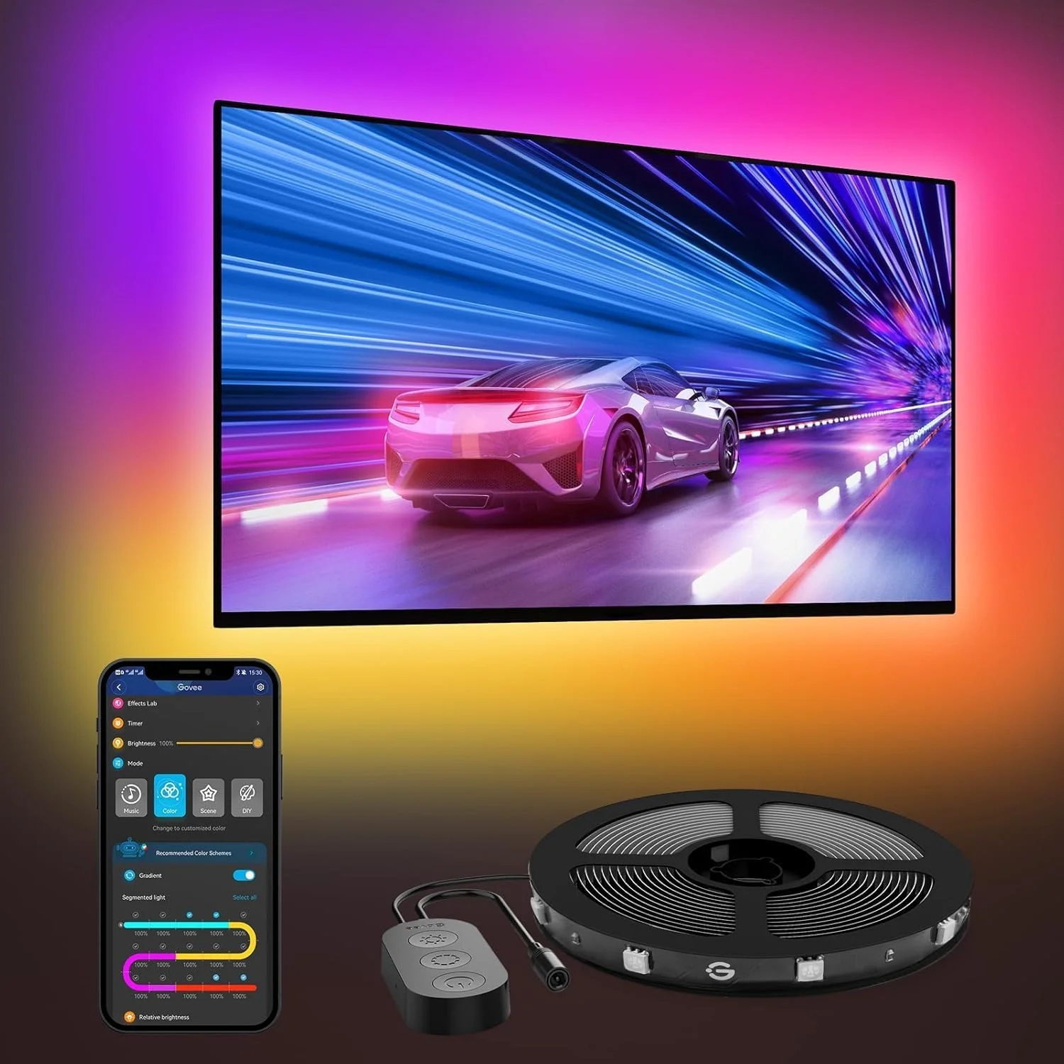 نور پس زمینه LED تلویزیون Govee، نور پس زمینه RGBIC 2.4 متری برای تلویزیون های 40-50 اینچی، نوار LED هوشمند با بلوتوث Wi-Fi و کنترل برنامه، سازگار با الکسا و دستیار گوگل، همگام سازی موسیقی، 76 پروفایل