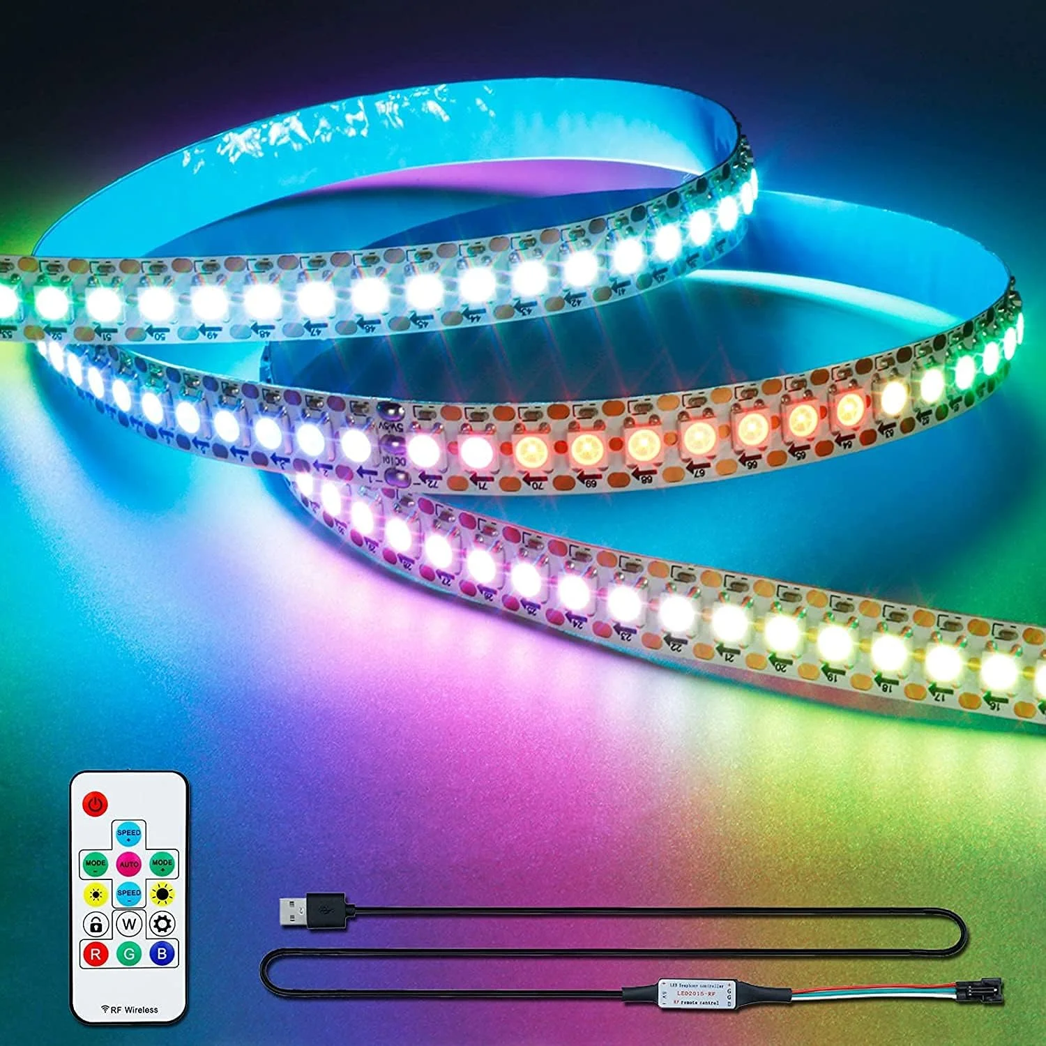 نوار LED آدرس پذیر WS2812B، 144 پیکسل/1 متر، تغذیه از طریق USB با کنترل از راه دور DC 5V، انعطاف پذیر 5050 SMD RGB رنگ رویایی، بدون ضد آب IP33، PCB سفید، چراغ نواری LED برای پروژه های DIY