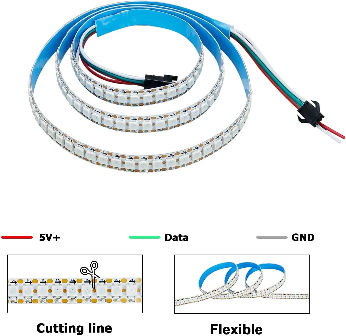 نوار LED آدرس پذیر WS2812B، 144 پیکسل/1 متر، تغذیه از طریق USB با کنترل از راه دور DC 5V، انعطاف پذیر 5050 SMD RGB رنگ رویایی، بدون ضد آب IP33، PCB سفید، چراغ نواری LED برای پروژه های DIY