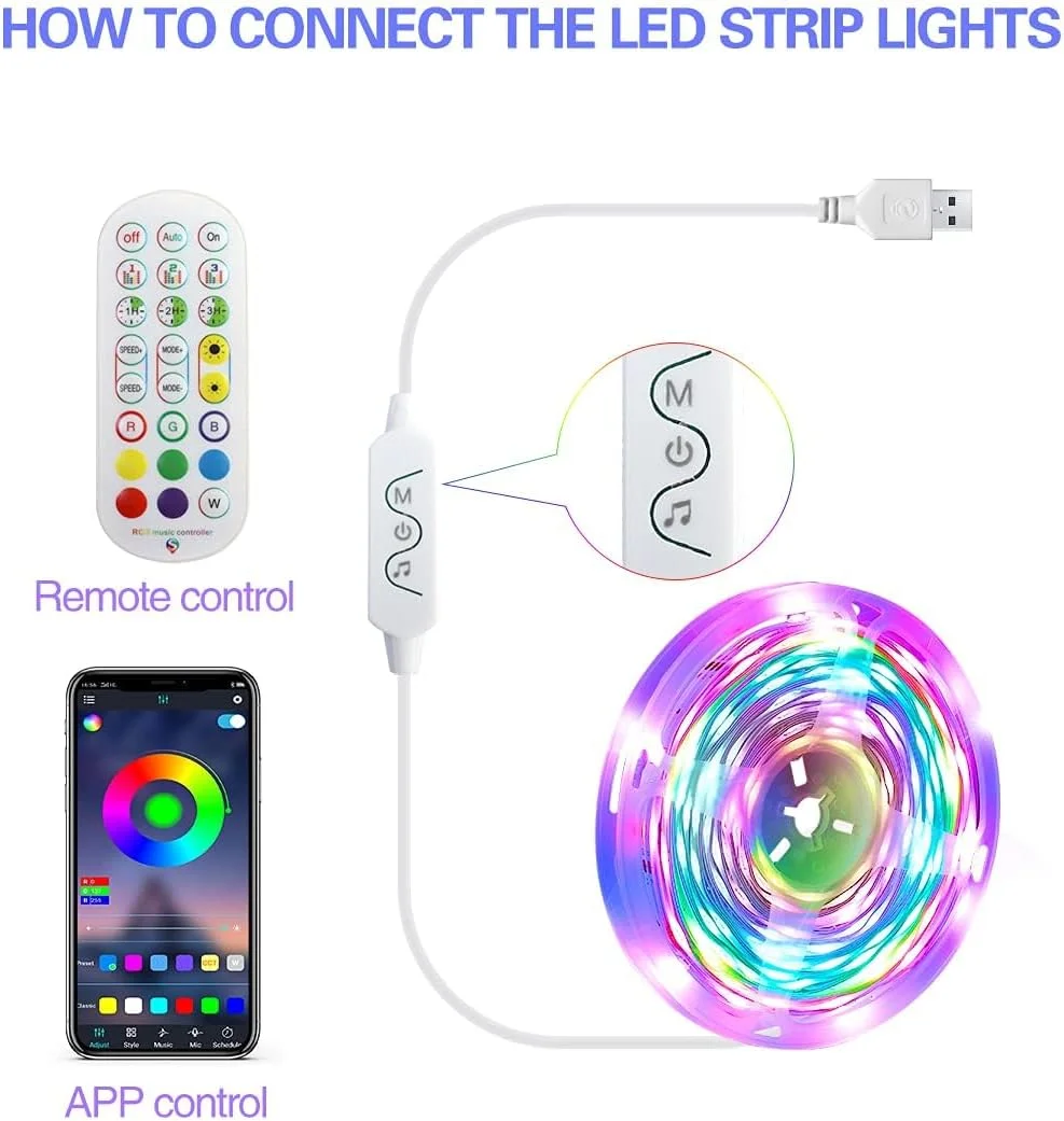 نوار چراغ ال ای دی USB MAKINGTEC Lighting، نوار چراغ تغییر رنگ با همگام سازی موسیقی، ریموت کنترل، میکروفون داخلی، کنترل برنامه بلوتوث، چراغ های ال ای دی RGB برای اتاق خواب، مهمانی، تلویزیون، دکوراسیون منزل (موسیقی 16.5 فوت)