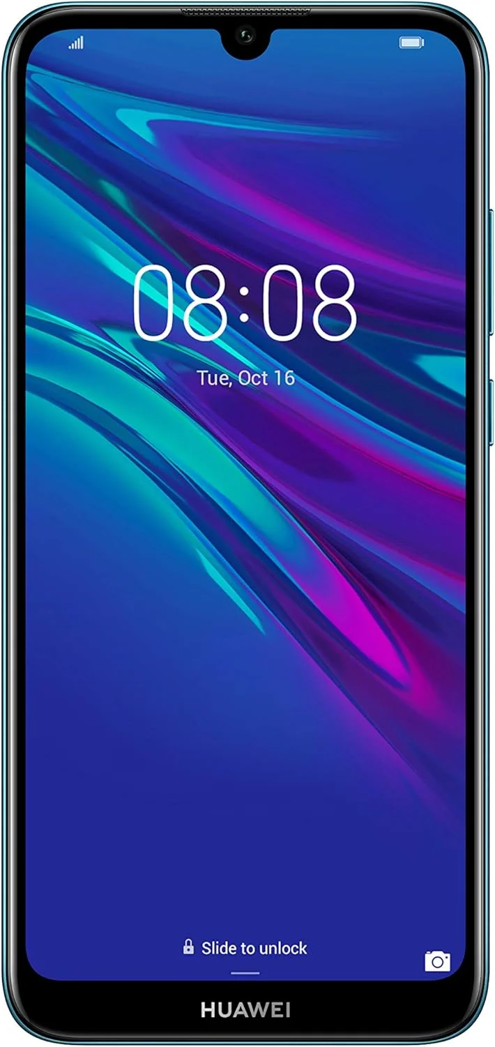گوشی هوشمند Huawei Y6 2019 با حافظه 32 گیگابایت، صفحه نمایش 6.09 اینچی FullView Dewdrop، دوربین 13 مگاپیکسلی، اندروید 9.0، موبایل بدون سیم کارت، نسخه انگلستان، آبی یاقوتی