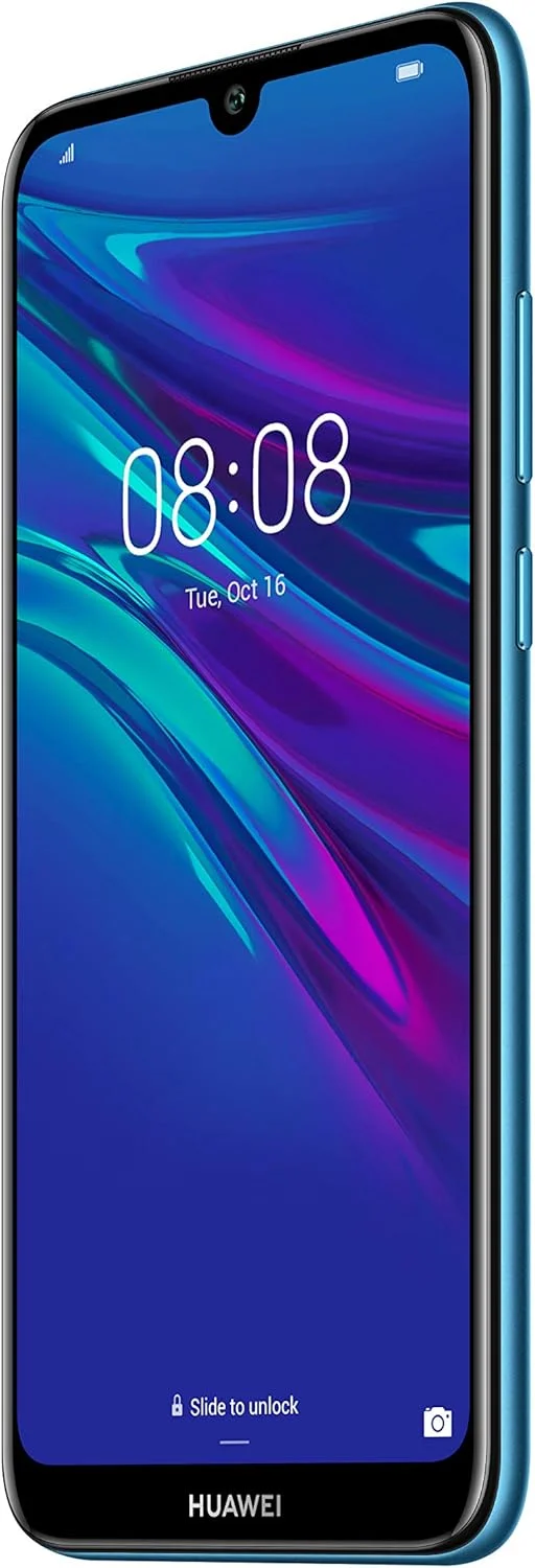 گوشی هوشمند Huawei Y6 2019 با حافظه 32 گیگابایت، صفحه نمایش 6.09 اینچی FullView Dewdrop، دوربین 13 مگاپیکسلی، اندروید 9.0، موبایل بدون سیم کارت، نسخه انگلستان، آبی یاقوتی