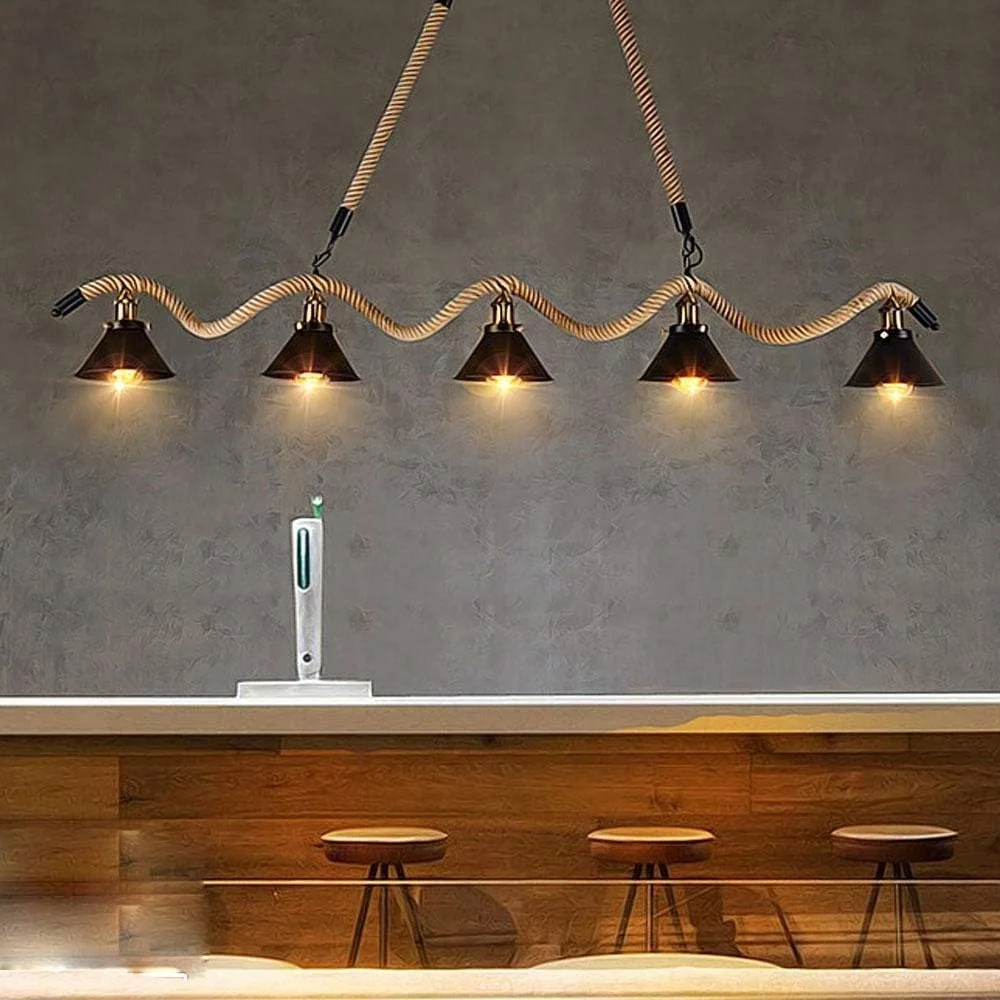 چراغ آویز سقفی وینتیج با طراحی صنعتی، چراغ آویز طنابی ساده، لوستر 5 شاخه آهنی مشکی، نوآوری های ظریف، چراغ آویز با قابلیت تنظیم ارتفاع، مناسب برای اتاق نشیمن، اتاق غذاخوری، بار، آشپزخانه