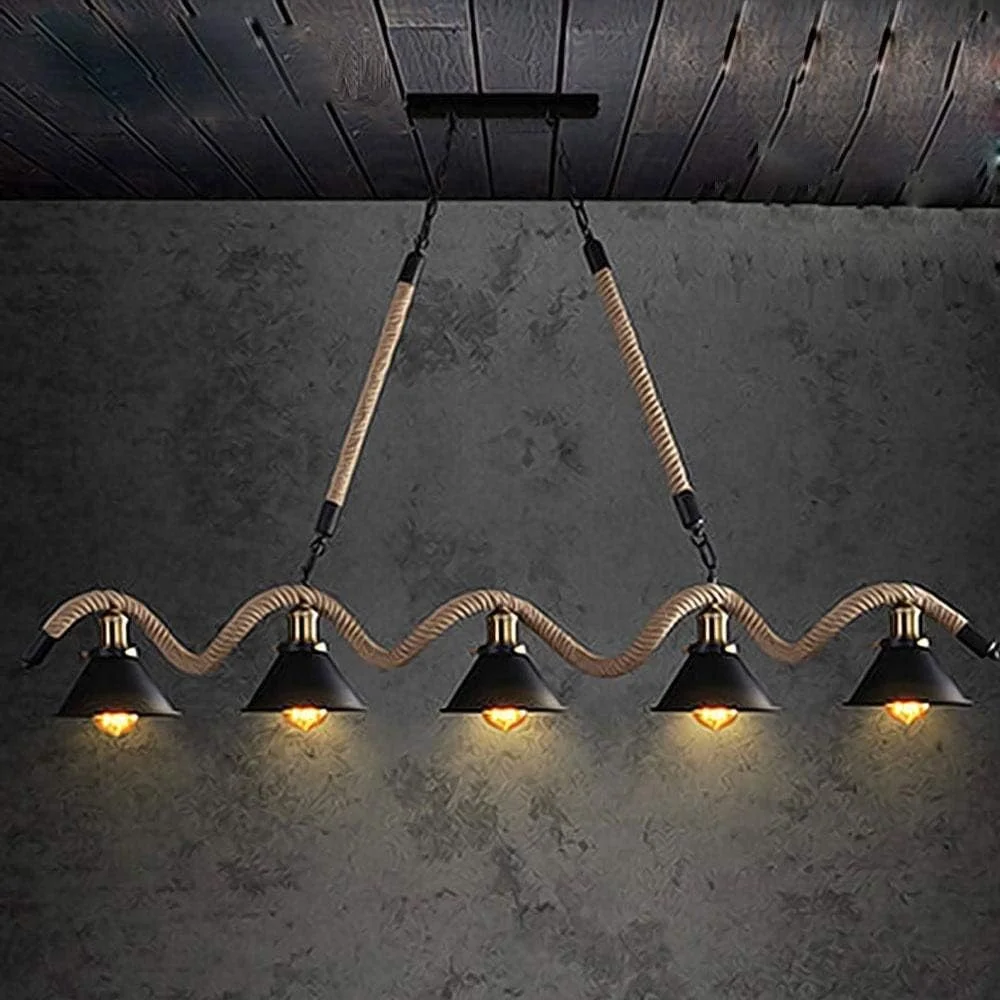چراغ آویز سقفی وینتیج با طراحی صنعتی، چراغ آویز طنابی ساده، لوستر 5 شاخه آهنی مشکی، نوآوری های ظریف، چراغ آویز با قابلیت تنظیم ارتفاع، مناسب برای اتاق نشیمن، اتاق غذاخوری، بار، آشپزخانه