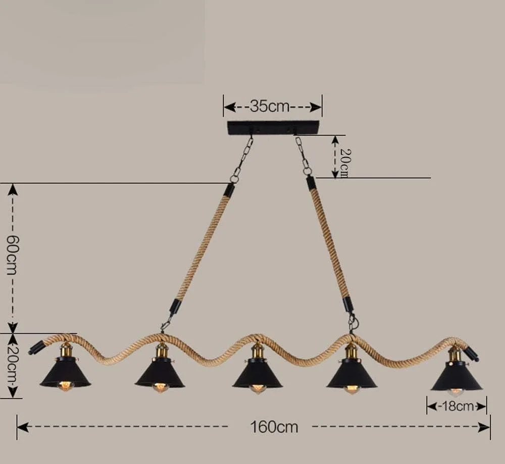 چراغ آویز سقفی وینتیج با طراحی صنعتی، چراغ آویز طنابی ساده، لوستر 5 شاخه آهنی مشکی، نوآوری های ظریف، چراغ آویز با قابلیت تنظیم ارتفاع، مناسب برای اتاق نشیمن، اتاق غذاخوری، بار، آشپزخانه