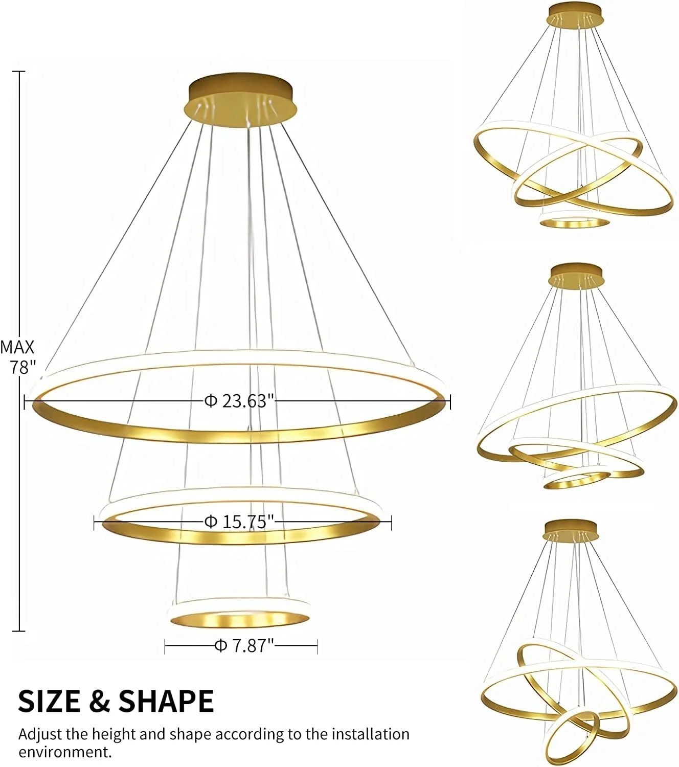 لوستر مدرن LED سه حلقه ای Forrio®، چراغ آویز LED، مناسب برای اتاق نشیمن، آشپزخانه، خانه های روستایی، لوسترهای با ارتفاع قابل تنظیم برای اتاق غذاخوری، اتاق خواب، راهرو (طلایی) لوستر مدرن LED سه حلقه ای Forrio®، چراغ آویز LED، مناسب برای اتاق نشیمن، آشپزخانه، خانه های روستایی، لوسترهای با ارتفاع قابل تنظیم برای اتاق غذاخوری، اتاق خواب، راهرو (طلایی)