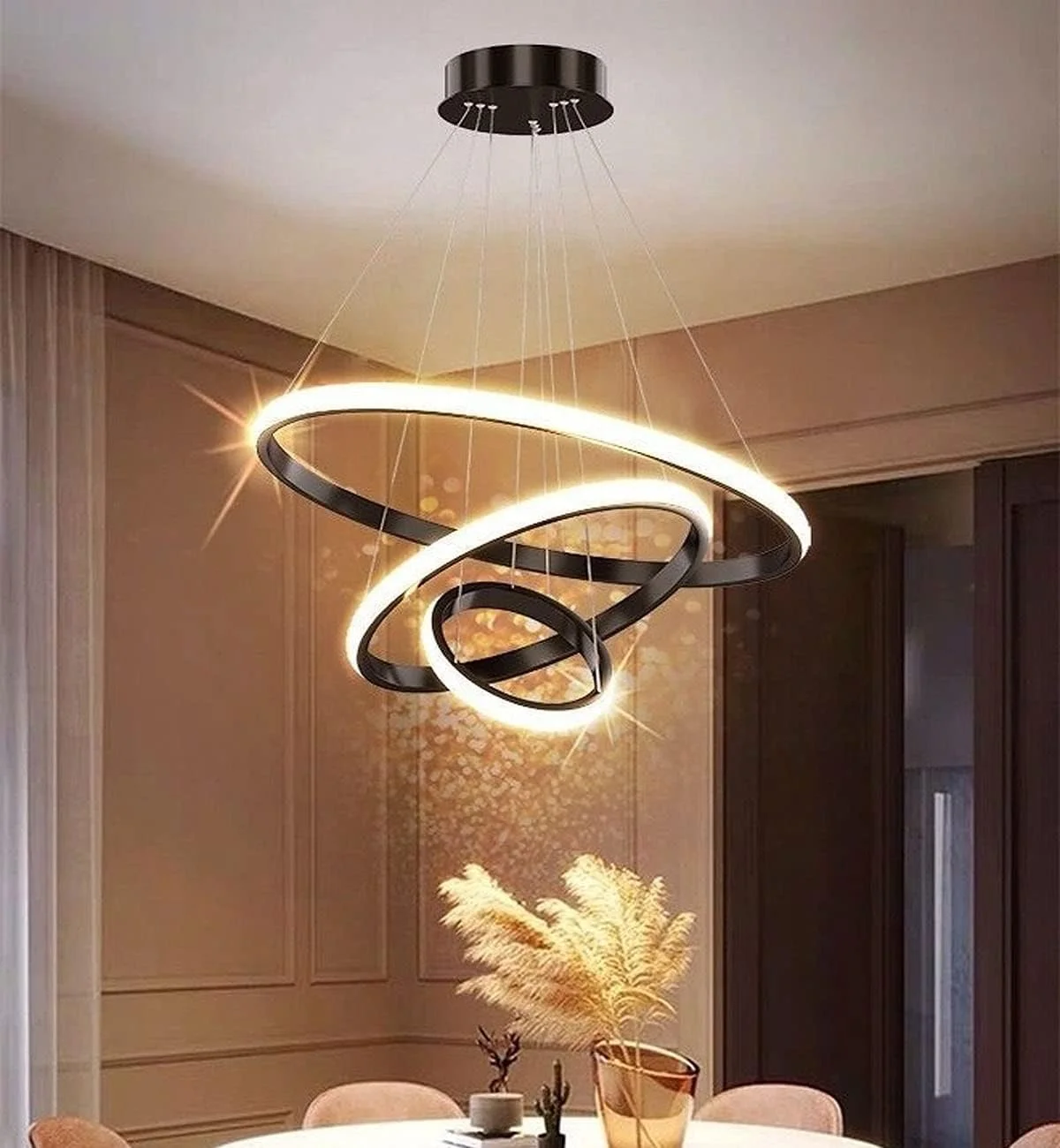 چراغ آویز مدرن و هوشمند C&C Home، لوستر LED سه حلقه ای، چراغ آویز سقفی دایره ای معاصر با قابلیت تنظیم نور و 3 رنگ در یک (سفید، گرم، طبیعی)، 60 وات